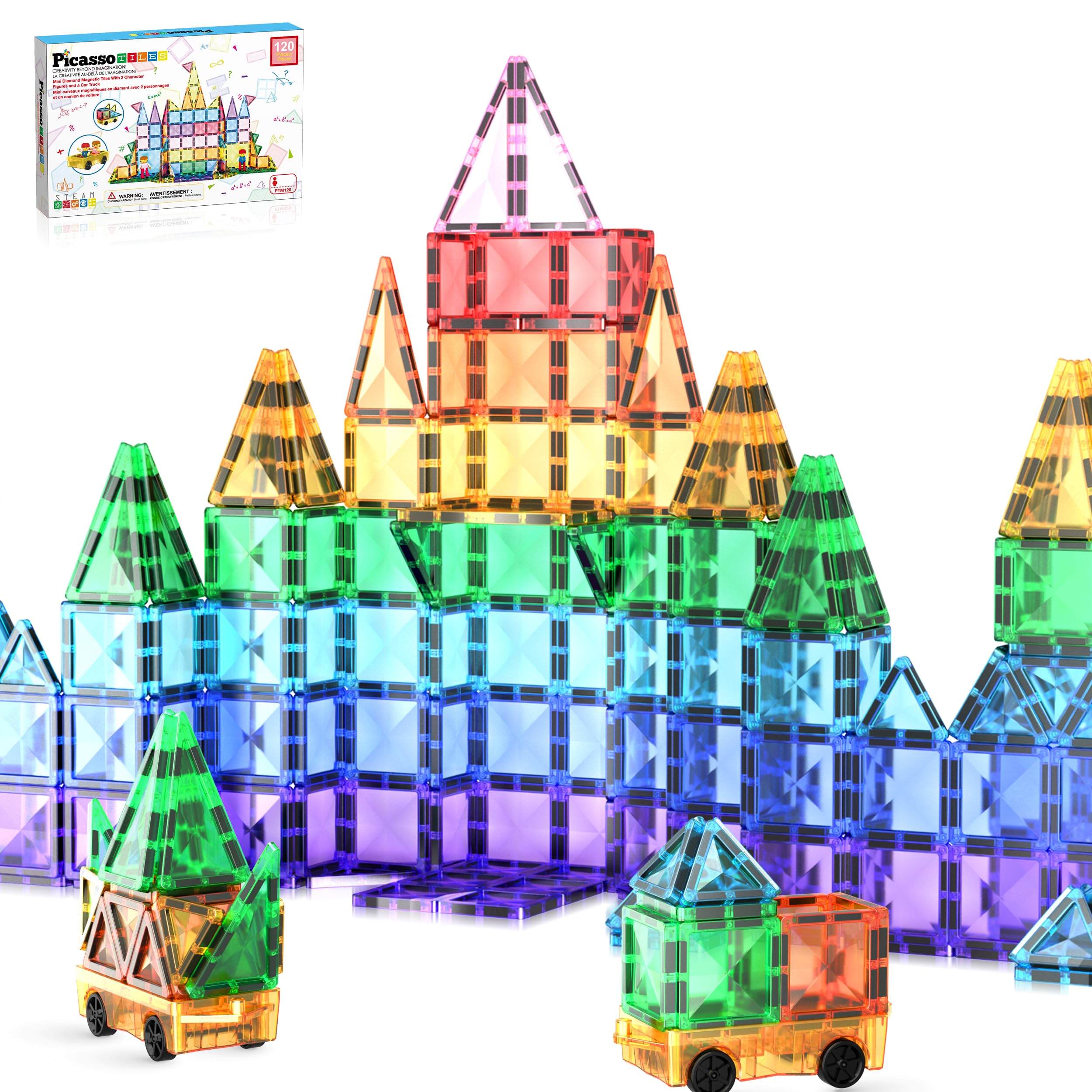 PicassoTiles 120pcs Mini Diamond Magnetic Tiles Expansion Car Truck and Figures Play Set, Kids Building Magnet Bricks STEM & Learning Toys, Magnetic Add-ons, Toddler Preschool 3+ Boys and Girls