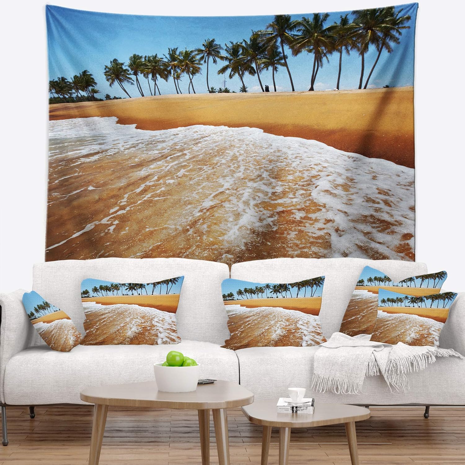 Designart ' Beautiful Beach with Row of Palms' Seascape Tapestry Blanket Décor Wall Art for Home and Office, Created On Lightweight Polyester Fabric Medium: 32 in. x 39 in