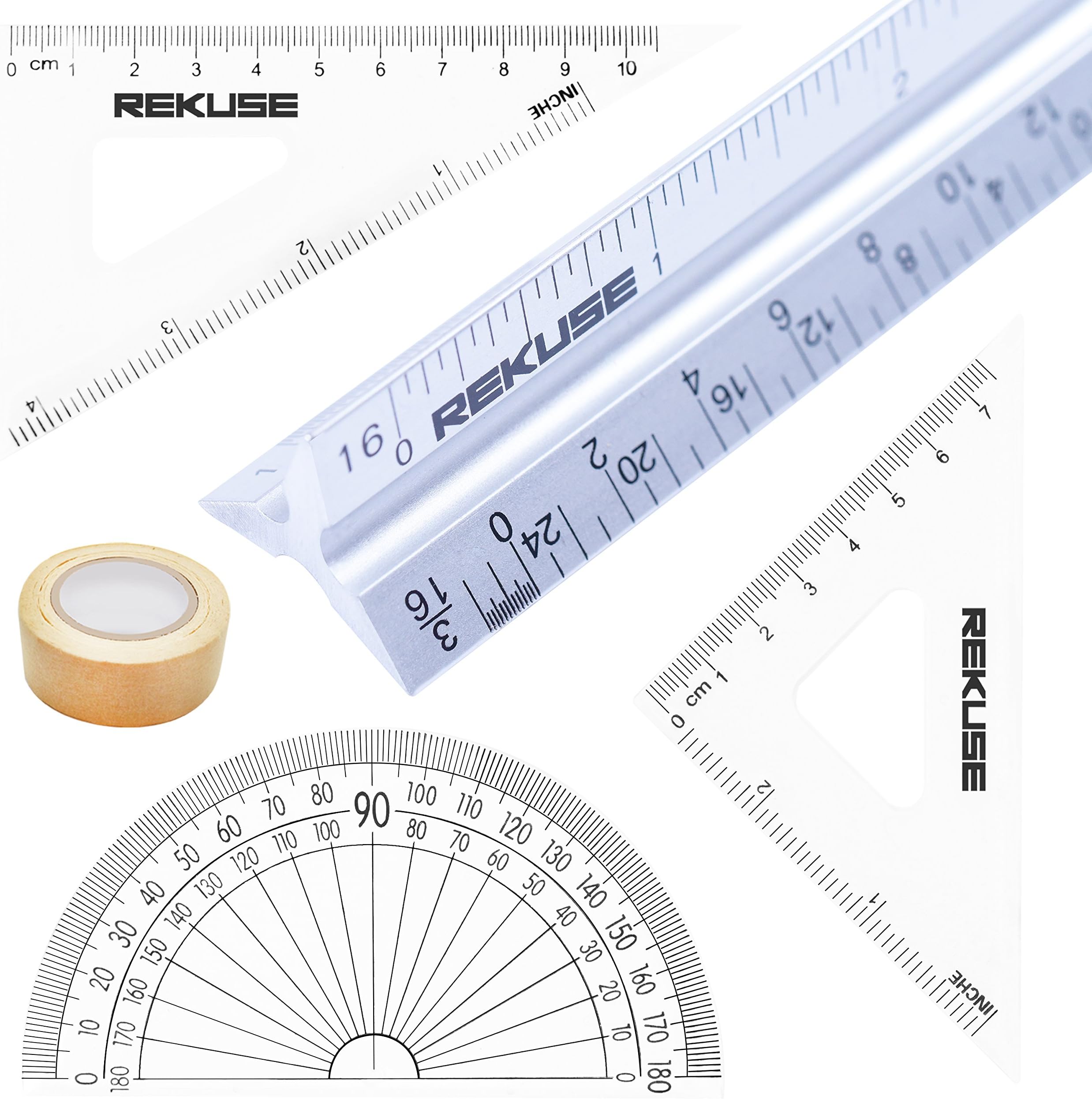 REKUSE 12'' Architectural scale, Triangular Engineer Ruler, Aluminium, Draftsman & Student + Geometry Set with Protractor + Masking Tape