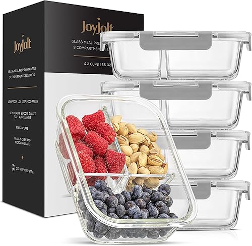 Miniatura 7 de JoyJolt Contenedores divididos para almacenamiento de alimentos con tapas herméticas. Paquete de 5 recipientes de vidrio para preparación de comidas