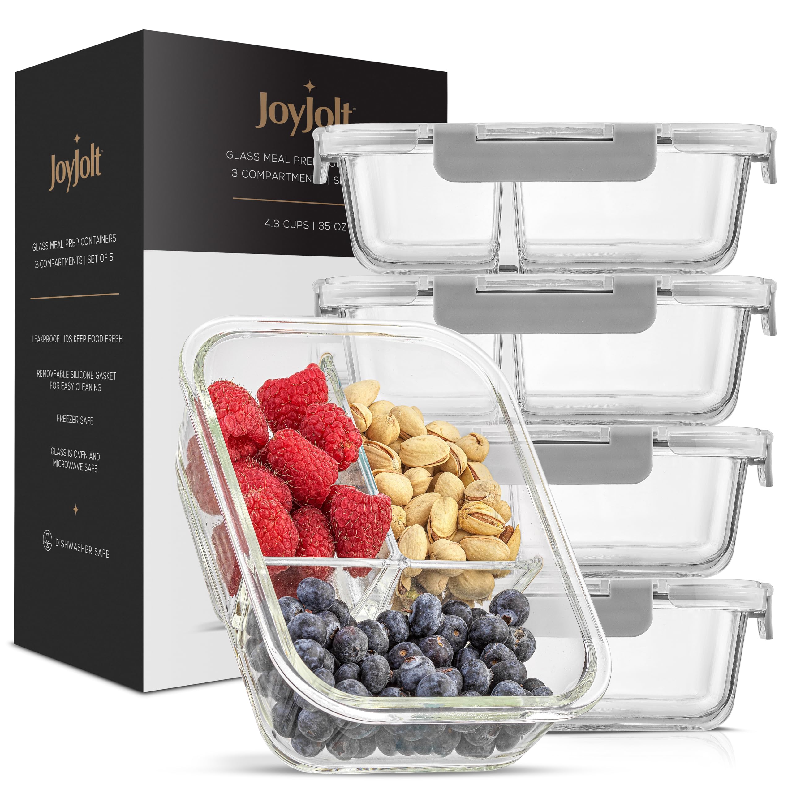 JoyJolt Recipientes de almacenamiento de alimentos divididos con tapas herméticas. Paquete de 5 recipientes de vidrio para preparación de comidas, juego de 3 compartimentos, caja bento de vidrio.