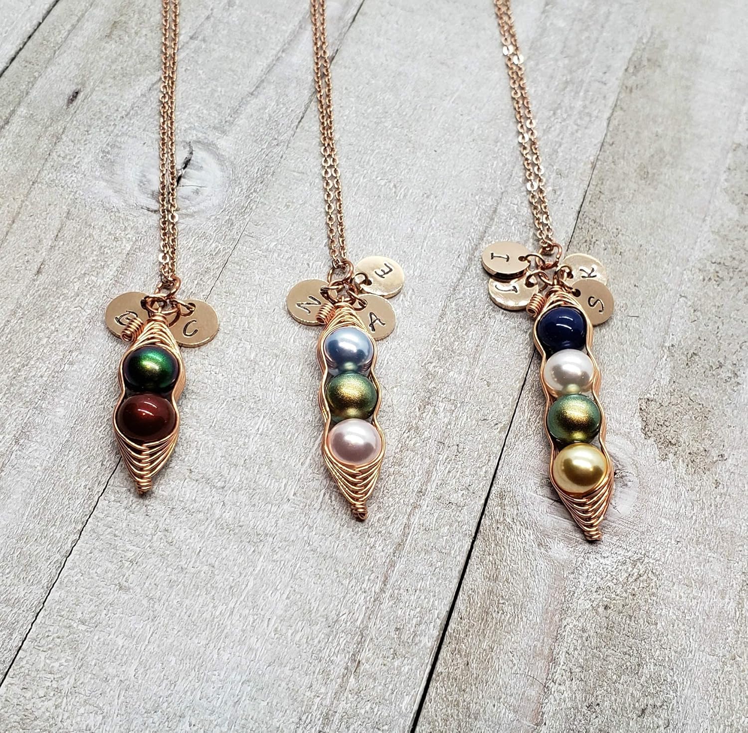 Rose Gold Personalized Peas in a Pod Necklace with Initials, 1, 2, 3, 4 Peas in a Pod Necklace with Initials, Birthstone Pearl Peas in a Pod Necklace