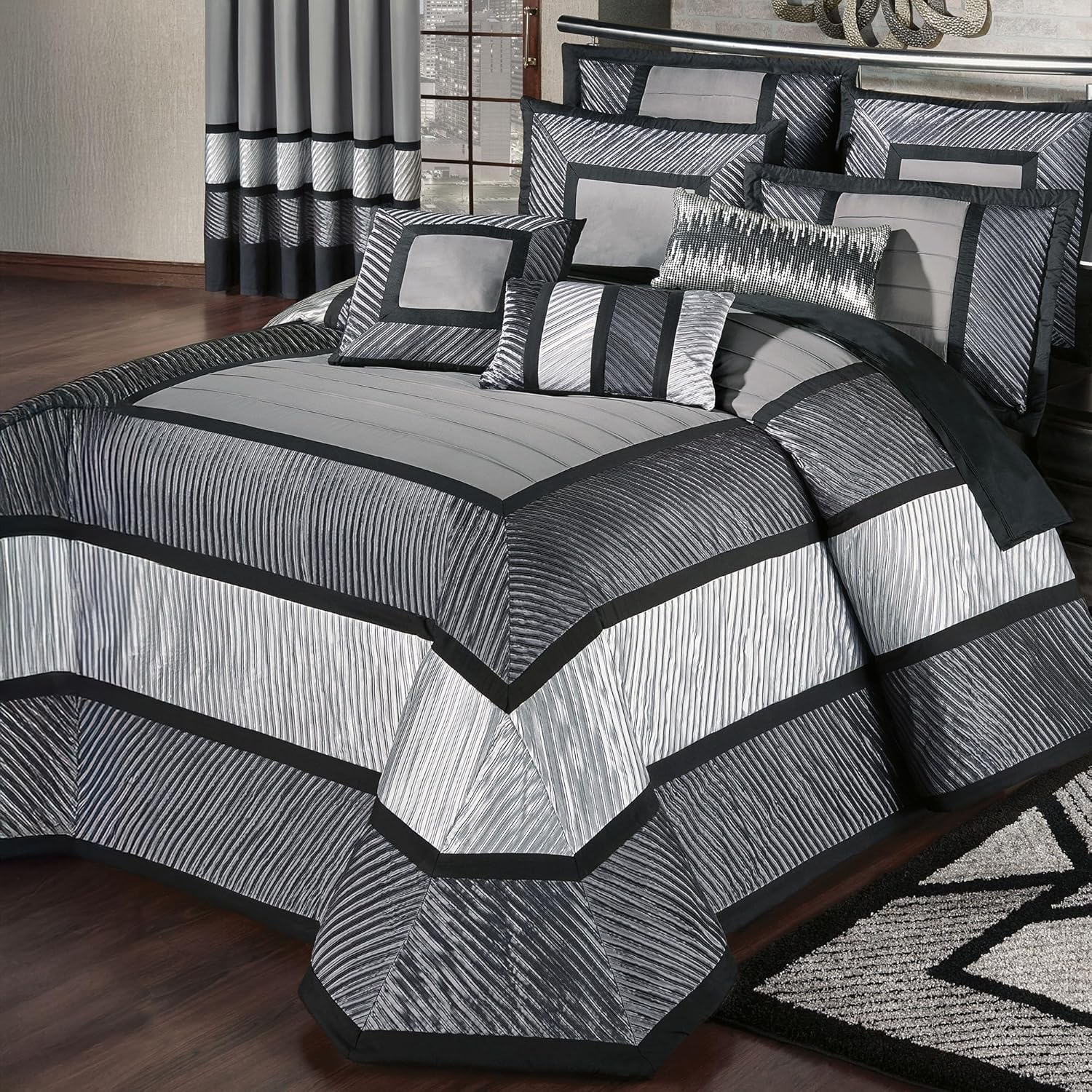Omega Contemporary Luxury Washable Bedding | Sophisticated | Silver Gray, Dark Gray, Charcoal, Black | Pleated | Silky Polyester Satin | 3 Piece Bed Set: Queen Bedspread and 2 Standard Shams