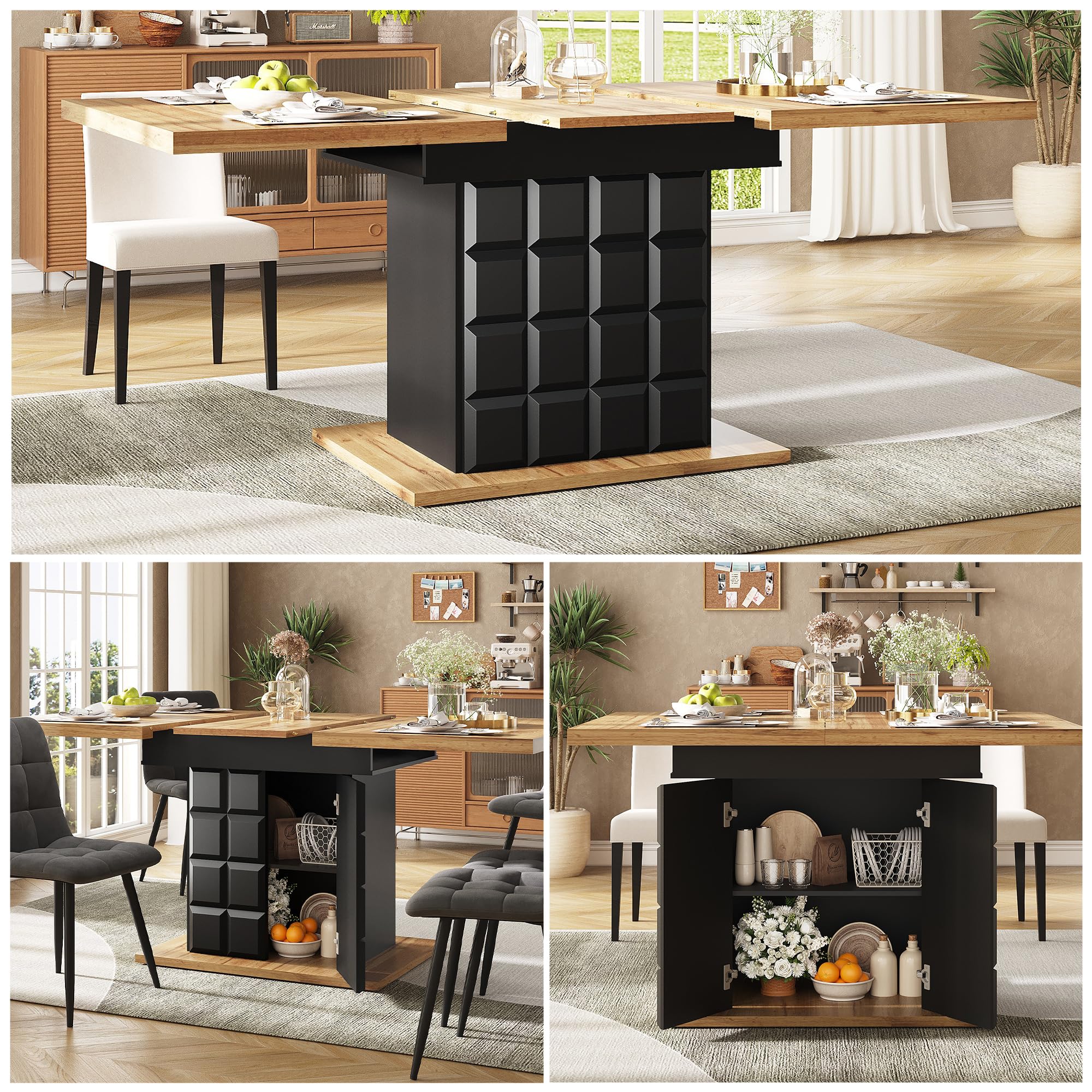 Składany stół kuchenny dla 4-6 osób oszczędzający miejsce wzór w kratkę 110-140 x 80 cm (czarny) - idealny do kuchni i salonu