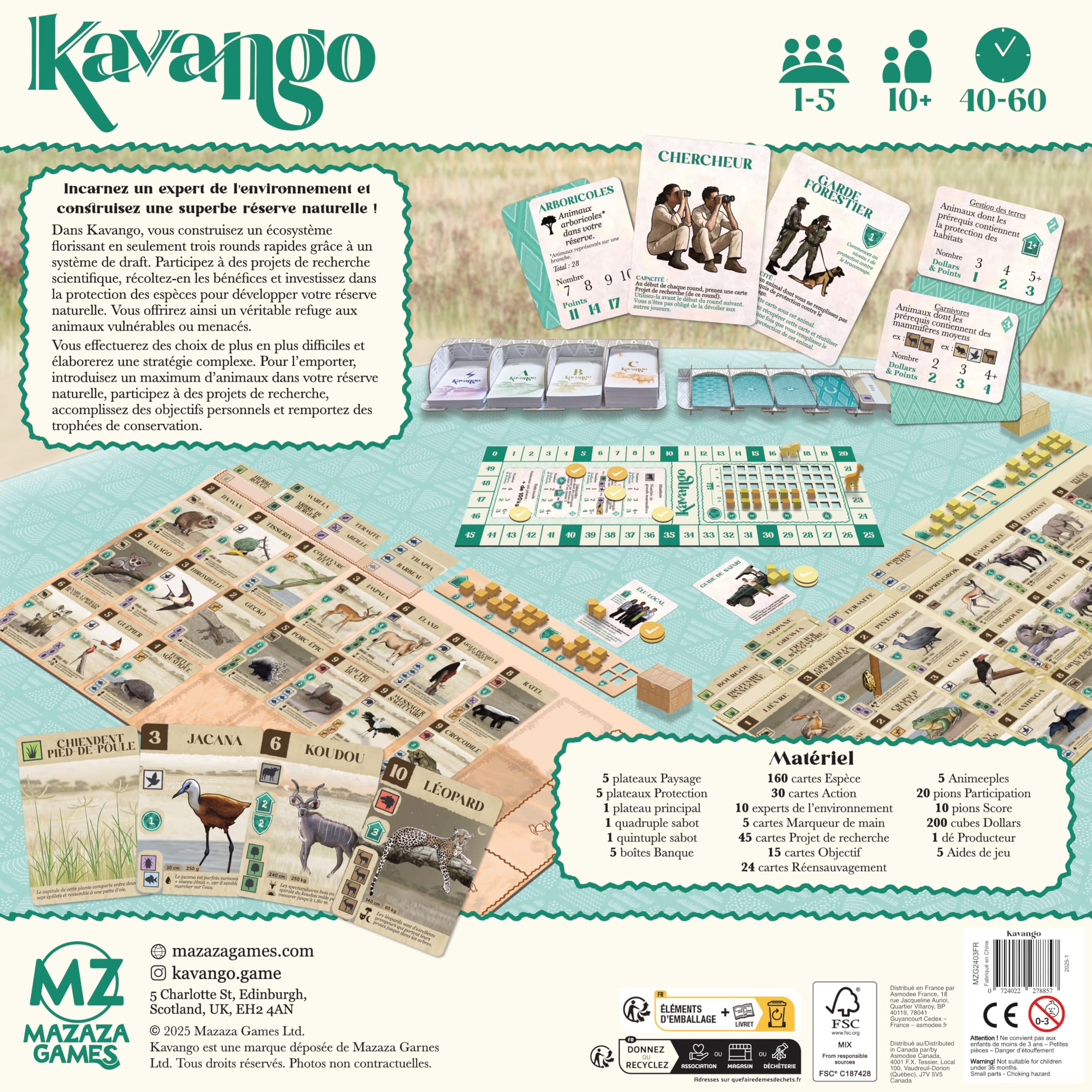 Asmodee, KAVANGO, Mazaza Games, ekspercka gra strategiczna, stwórz swój rezerwat przyrody w Afryce, od 10 lat, od 1 do 5 graczy, 40-60 min, wersja francuska