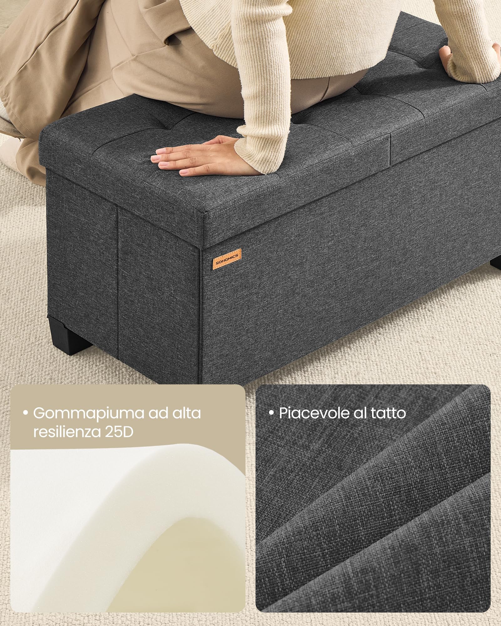 SONGMICS Cassapanca con Gambe, Pouf Contenitore Pieghevole con Coperchio Ribaltabile, Piedi Letto, Soggiorno Camera da Letto Ingresso, Tessuto Effetto Lino, 76 cm, Grigio Ardesia LSF049GN01