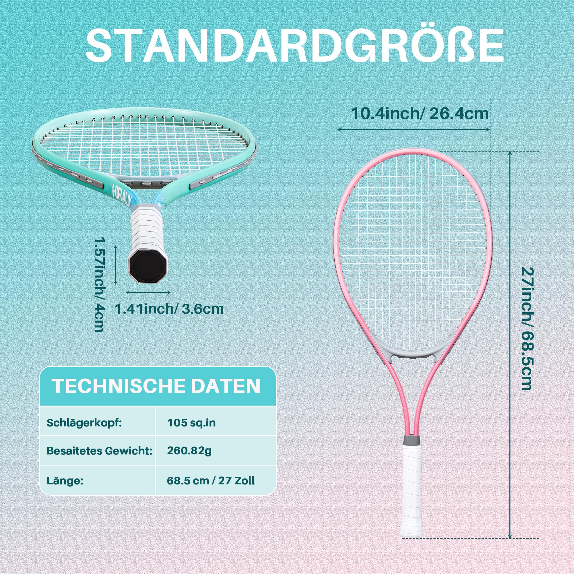 HIRALIY Tennisschläger-Set für Erwachsene, 68,6 cm, vorbespannte Tennisschläger für 2 Spieler, 2 Overgrip-Bänder, 3 Bälle und 1 Tragetasche, Outdoor-Freizeitsport für Anfänger