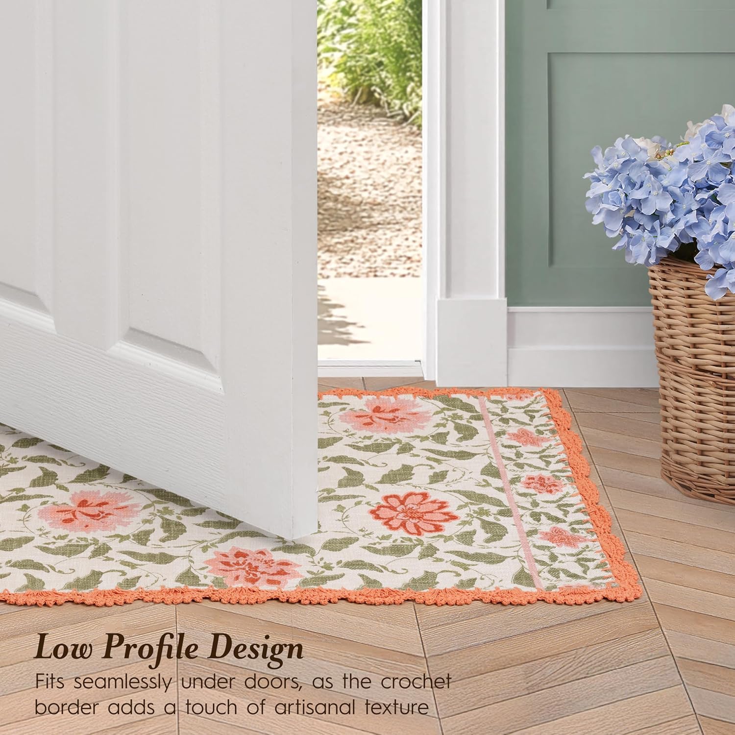 Laura Ashley Cotton Crochet Border Moored Garden Pale Poppy Floral Machine Washable & Slip Resistant 26" x 45" Accent Rug