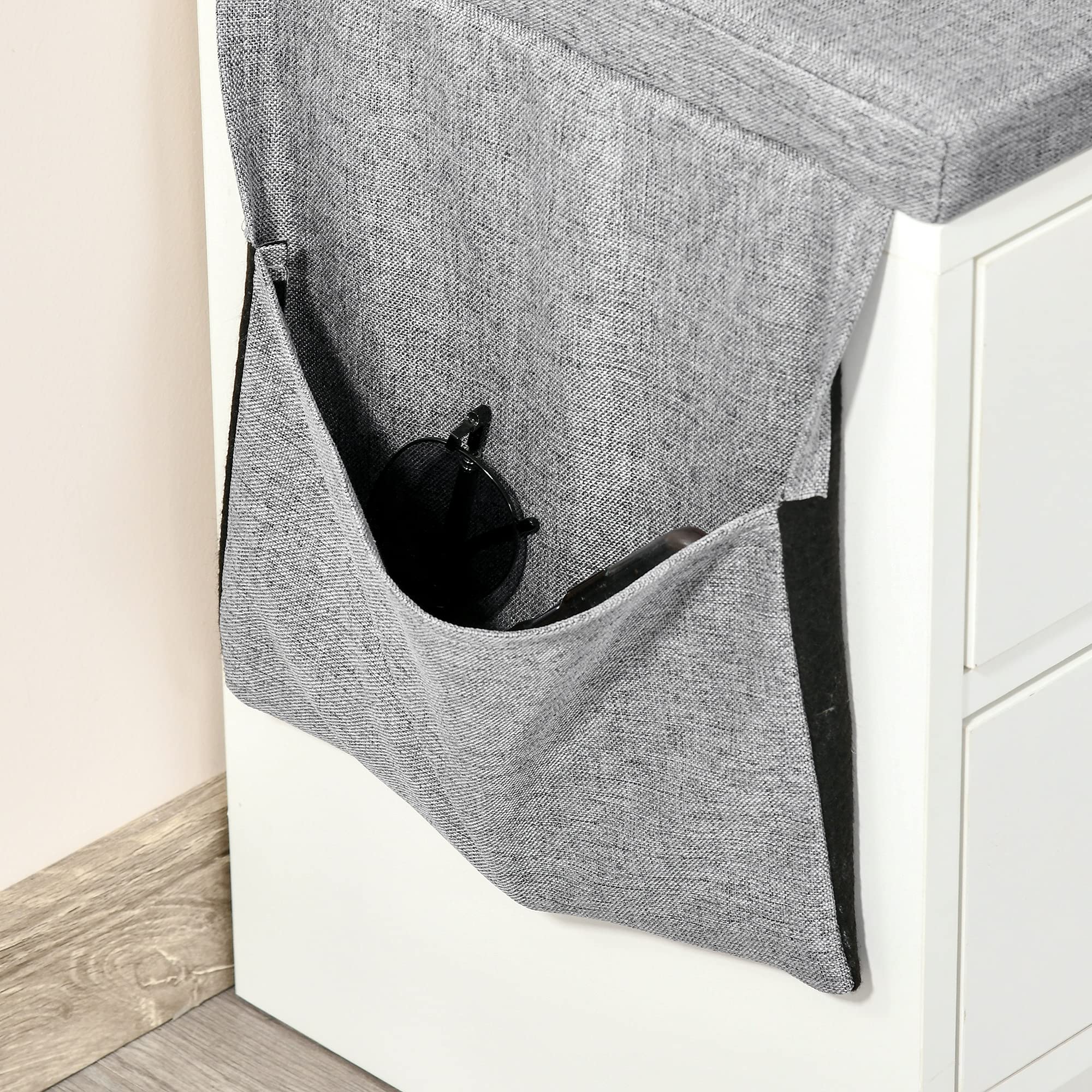 HOMCOM Banco Zapatero con Asiento 2 Estantes Bolso Cojín Extraíble y 2 Cajones Banco Recibidor Capacidad para 4 Pares de Zapatos para Entrada Pasillo Moderno 80,5x30,5x43,5 cm Blanco y Gris