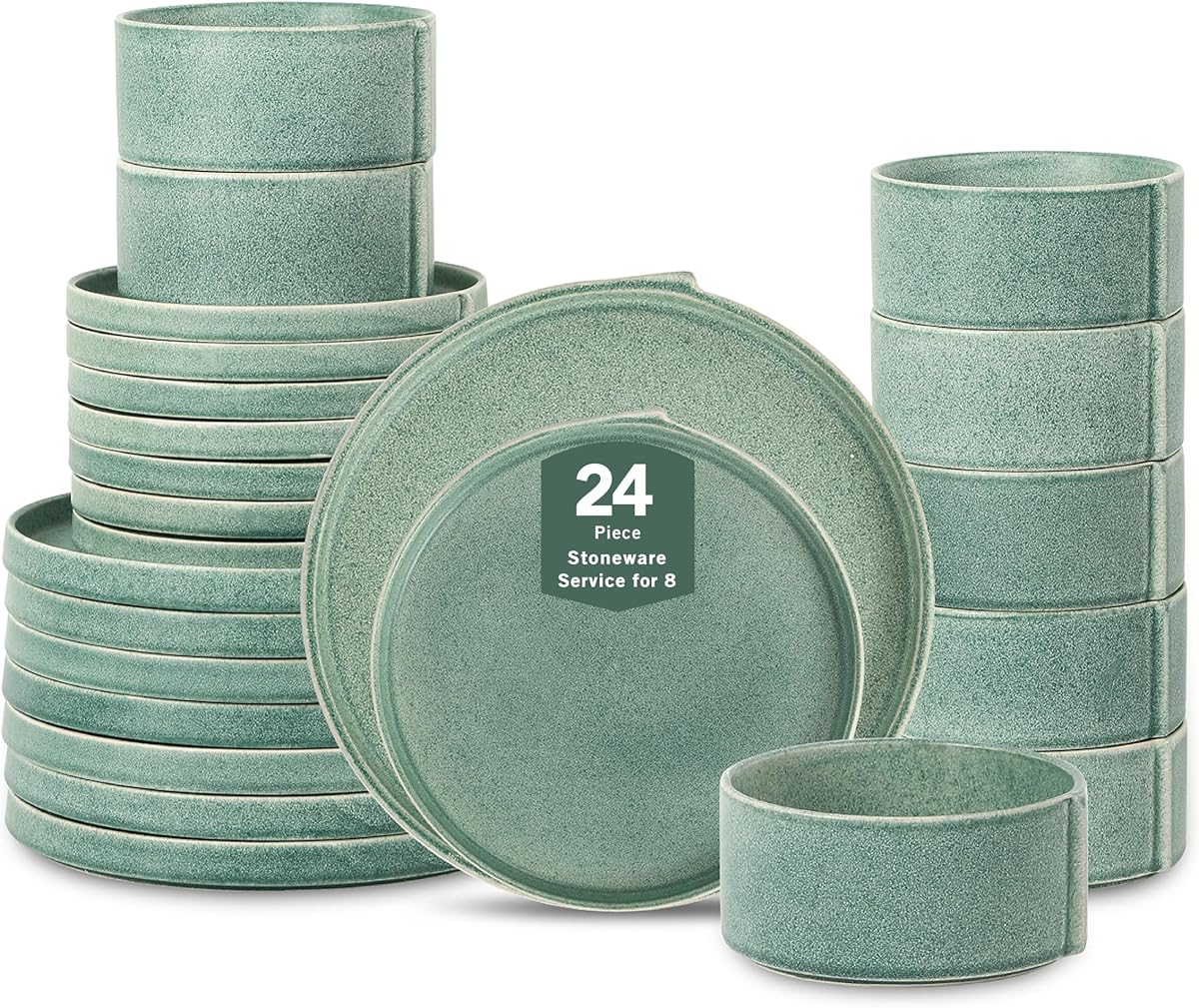 Bao 24-Piece Dinnerware Set Stoneware, Plates and Bowls Set, Dishwasher and Microwave Safe, Dish Set for 8, Green