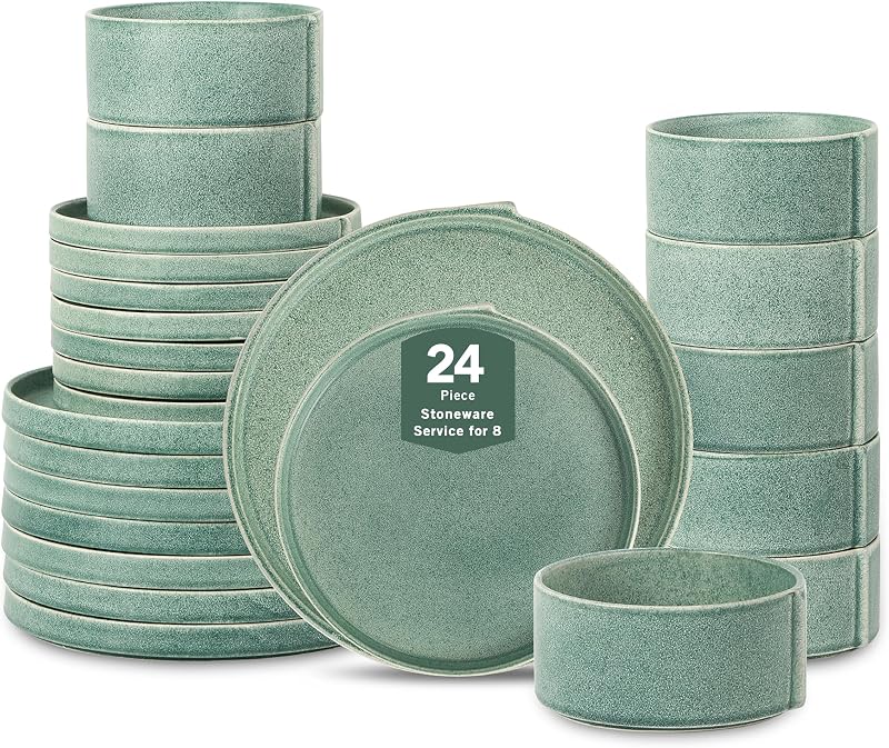 Bao 24-Piece Dinnerware Set Stoneware, Plates and Bowls Set, Dishwasher and Microwave Safe, Dish Set for 8, Green