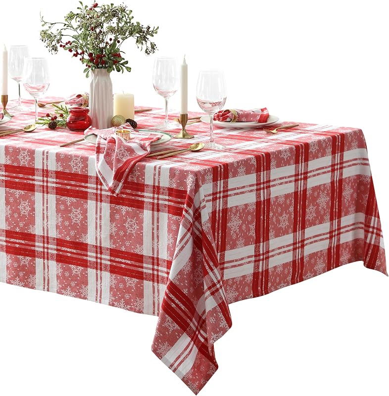 Newbridge Christmas Red Snowflake Jacquard Cotton Fabric Tablecloth, 60 x 102 Inch Rectangle, Woven Holiday Snowflake Design, Reusable Machine Washable Winter Table Cover