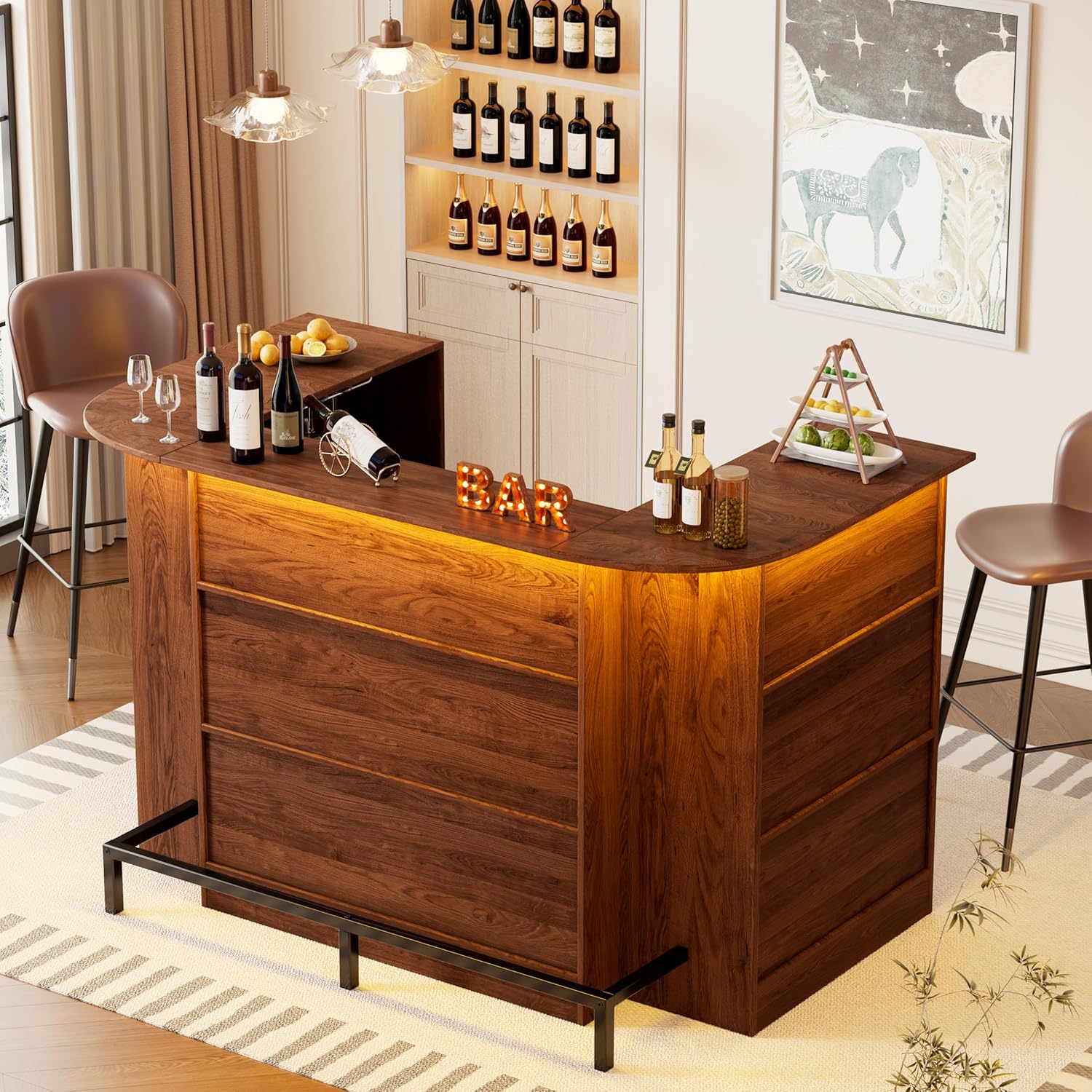 PAKASEPT Home Unit Bar Cabinet with LED Light & Stemware Holders, 3 Tier Liquor Bar Wooden Storage Cabinet, Modern U-Shaped Liquor Table Cabinet for Living Room, Dining Room