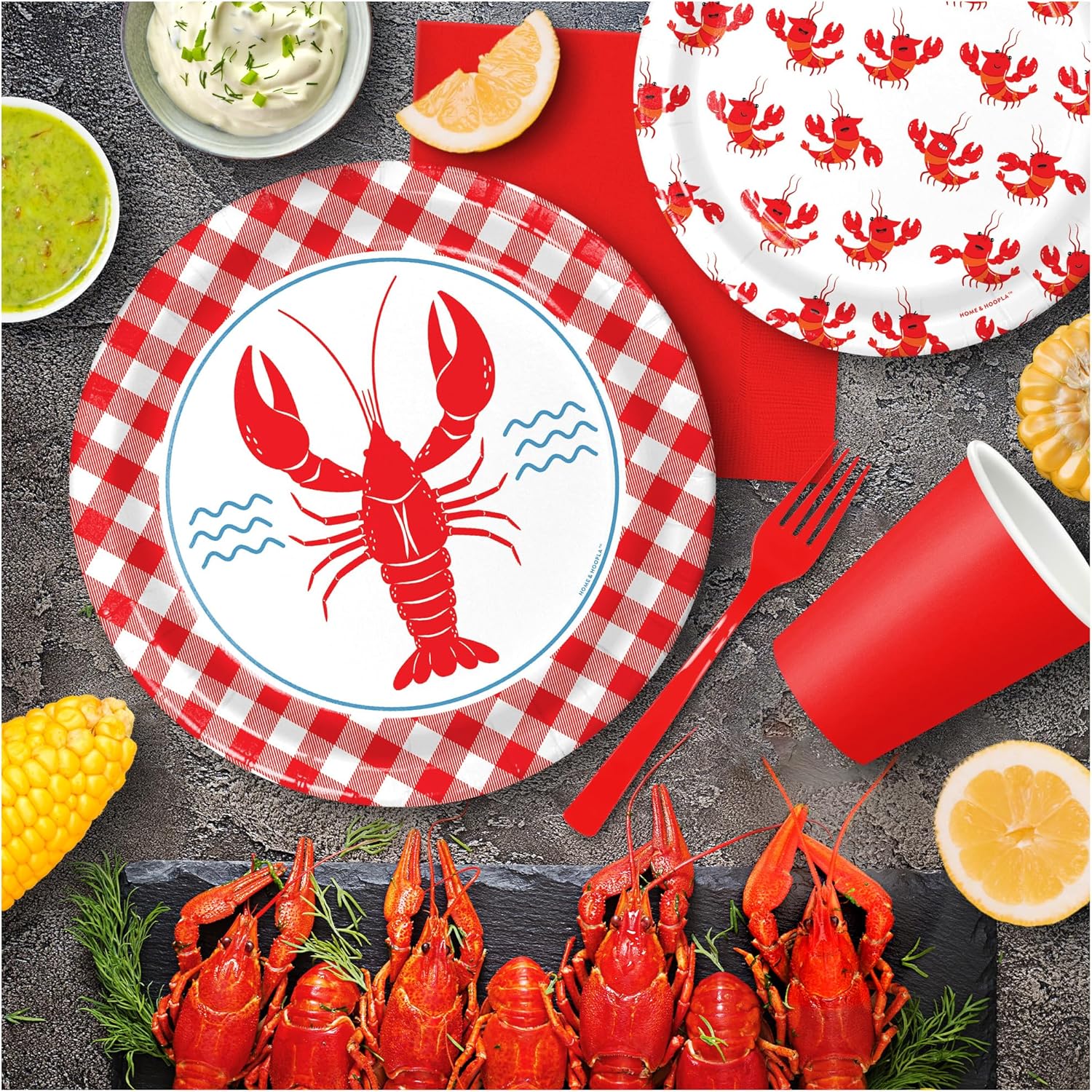 HOME & HOOPLA Seafood Party Supplies - Crawfish & Red Checkered Round Paper Dinner Plates for 16 Guests - Image 5