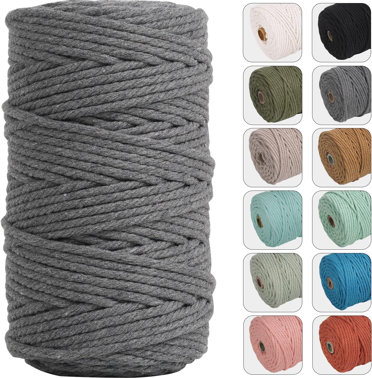 NOANTA 4mm 109yards Macrame Cord Grey Cotton Rope for Wall Hanging, Plant Hangers, Crafts, Knitting