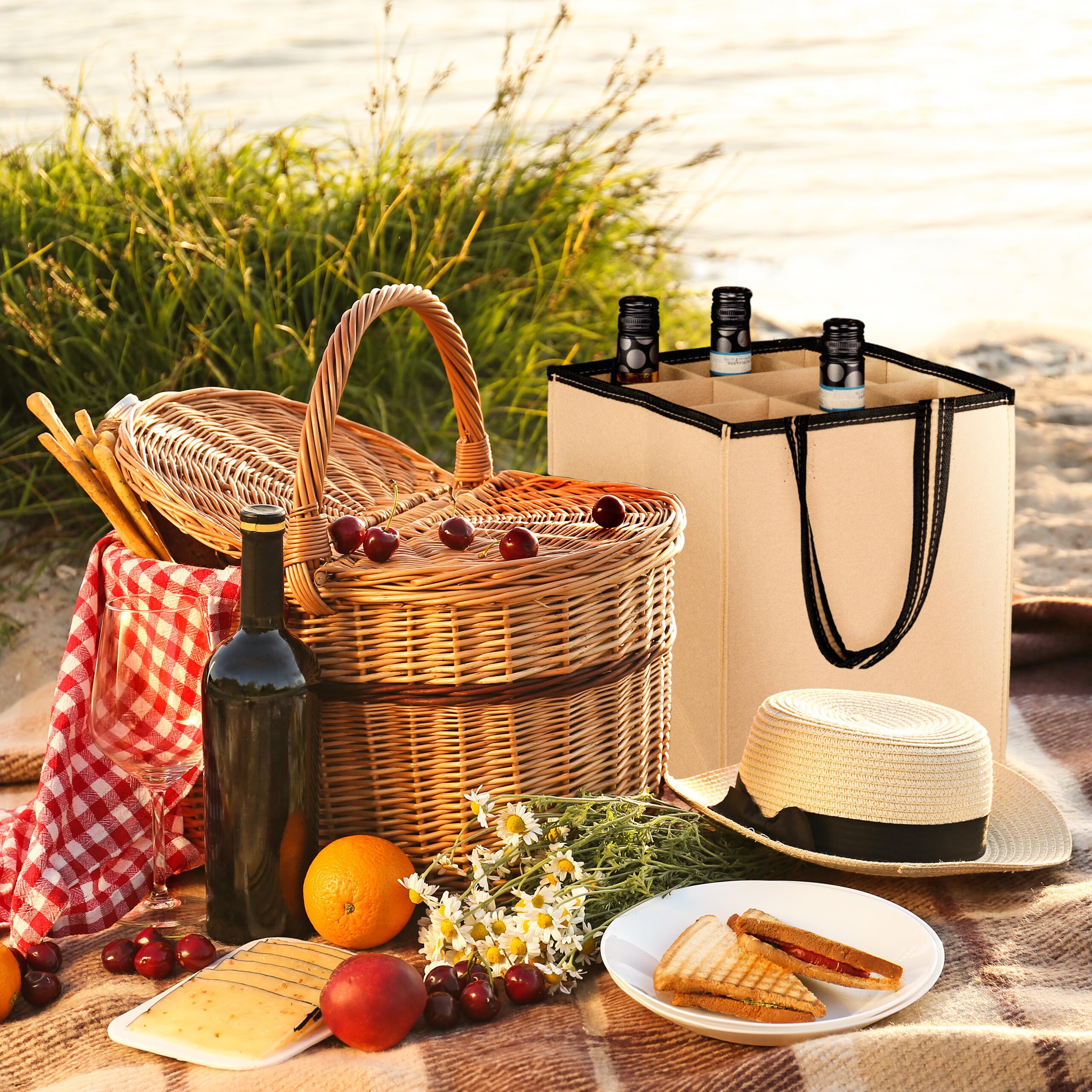 Relaxdays 9 Bolsas para 9 Botellas, Portabotellas de Fieltro, para Transportar la Compra, Cerveza, Agua, 45 x 24 x 24 cm, Beige