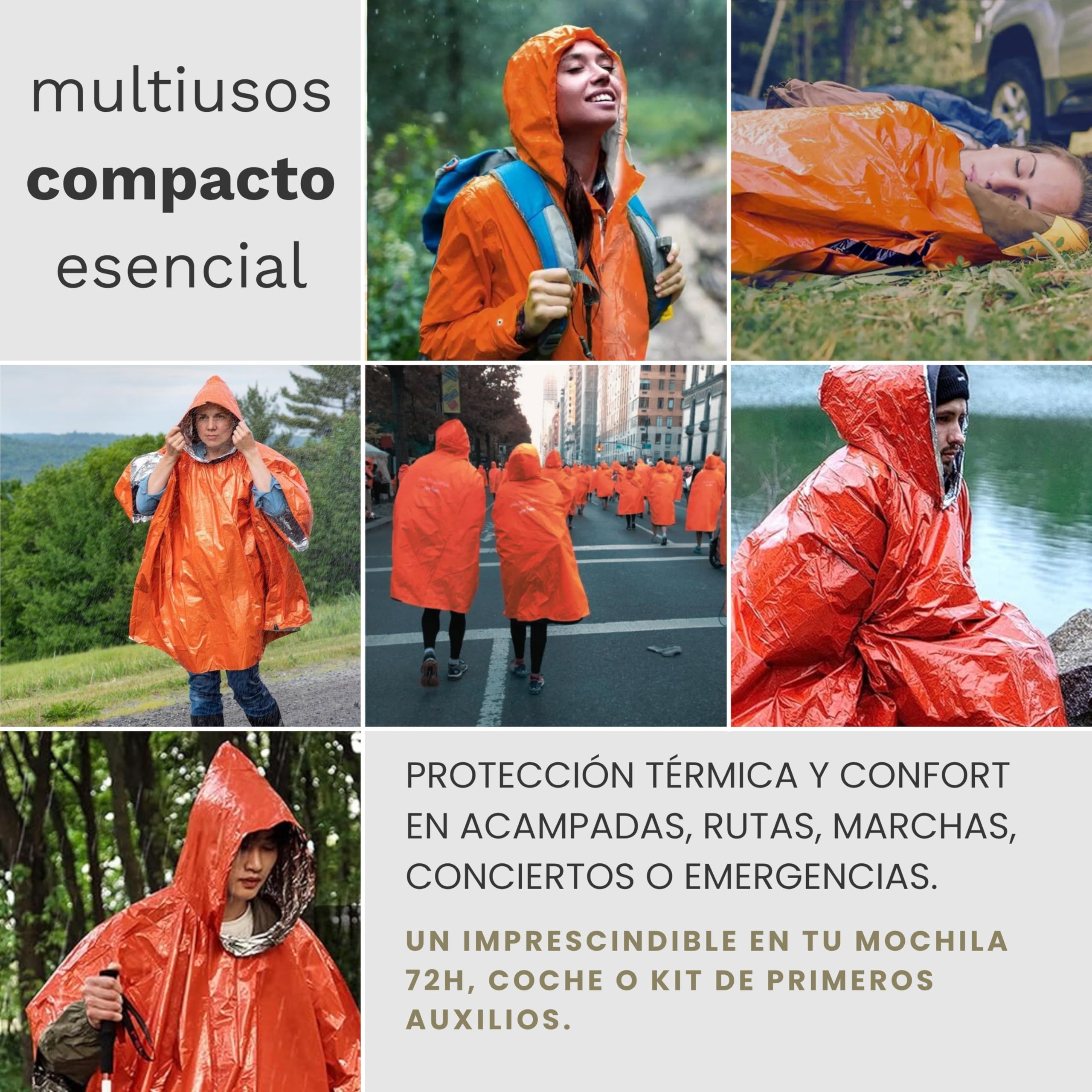Poncho térmico de emergencia – Pack de 4 reutilizable con capucha – impermeable – para coche, montaña, supervivencia y primeros auxilios