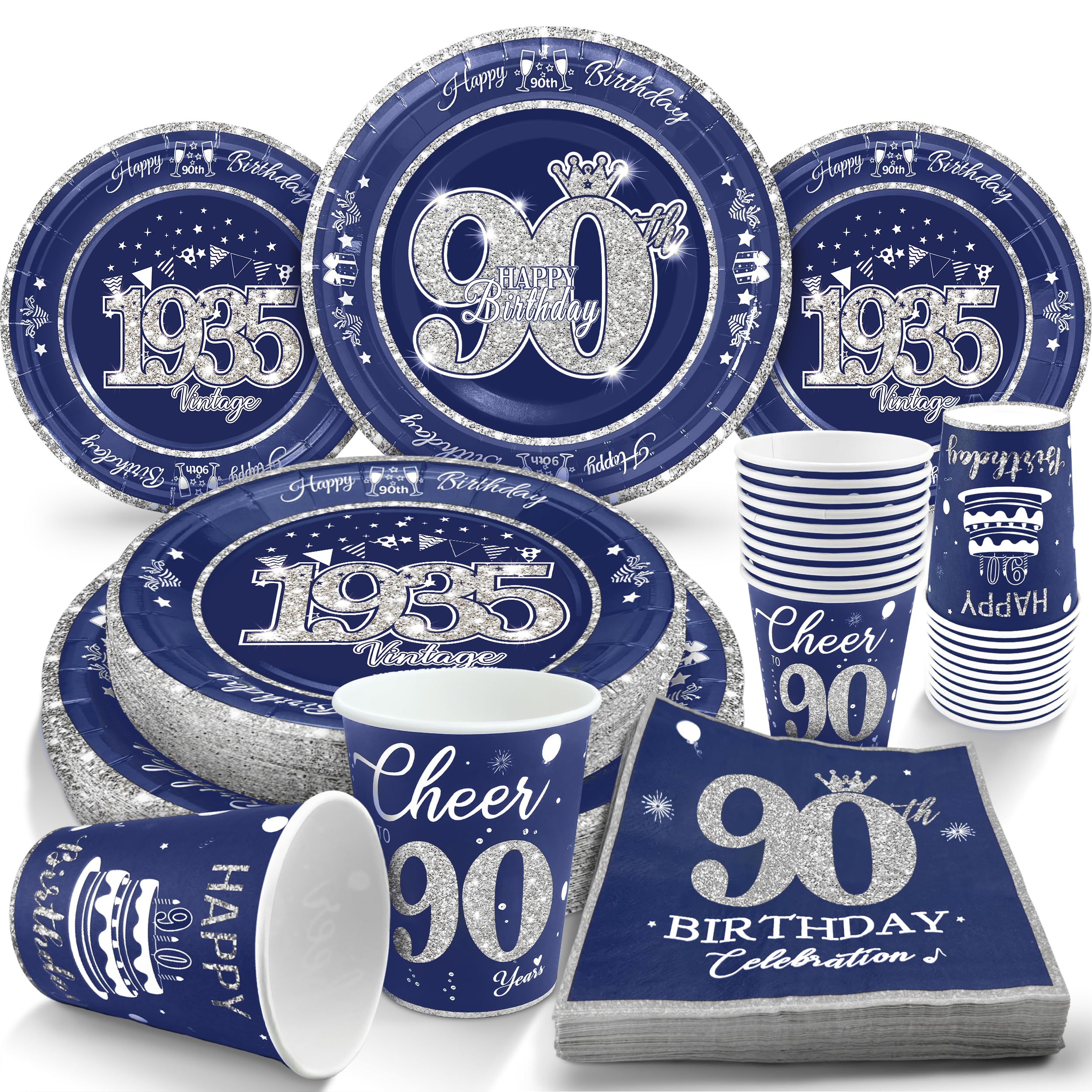 algpty 90th Birthday Decorations Blue and Silver, Service for 30, Vintage 90th Birthday Party Supplies Includes Blue and Silver 1935 Plates, Napkins,Cups, Plates and Napkins for Men Women