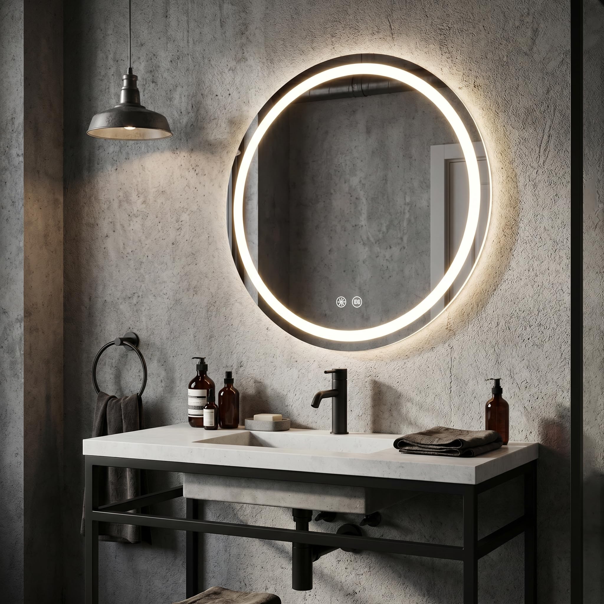 Okrągłe lustro łazienkowe z oświetleniem LED 600mm, podświetlane lustro łazienkowe LED montowane na ścianie, lustro toaletowe z odmgławiaczem, przeciwmgielne duże okrągłe lustro do makijażu, 3