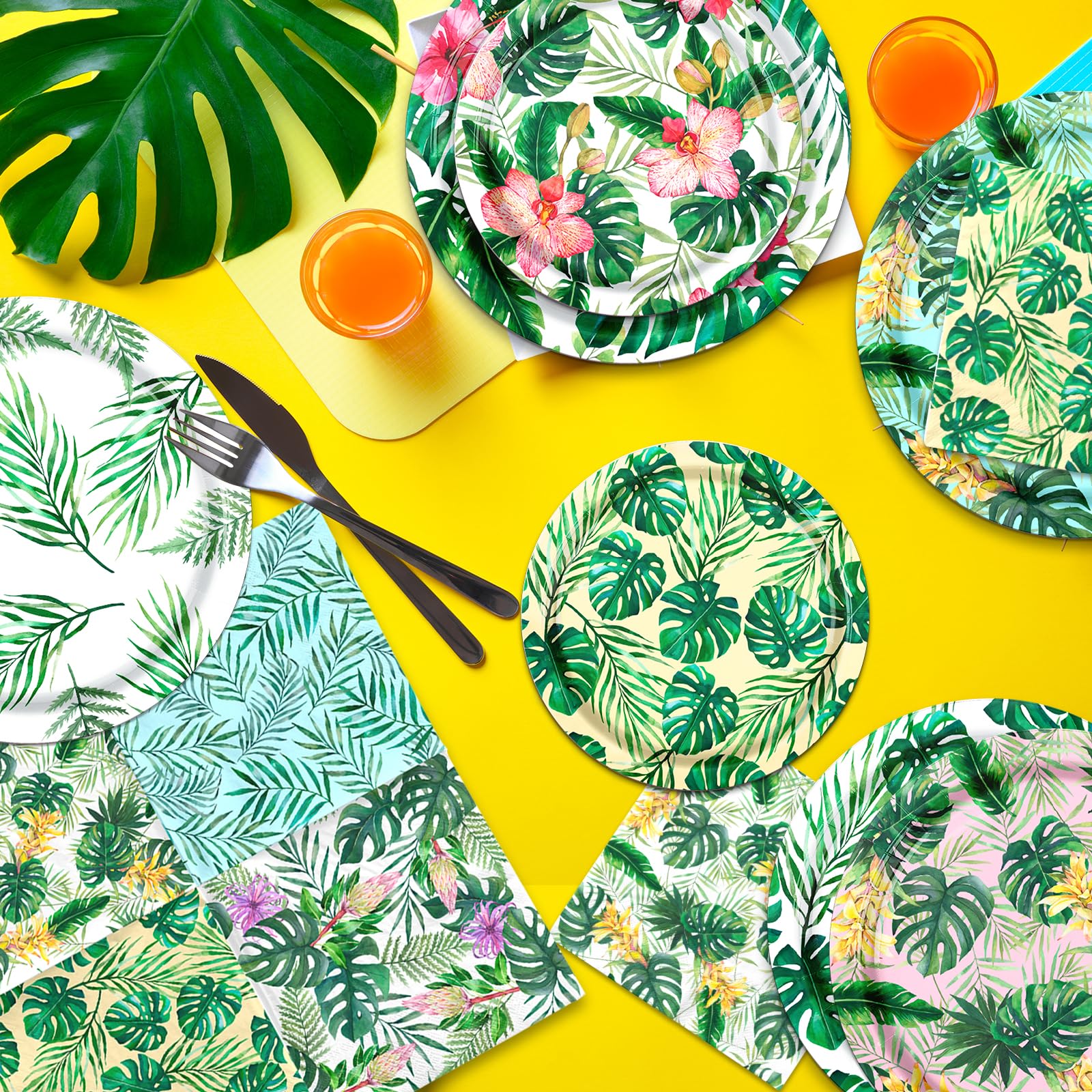 Suministros de fiesta tropical Luau, 60 platos y servilletas hawaianas para fiesta de cumpleaños hawaiana, decoraciones temáticas de hojas de palma tropicales para verano, piscina, playa, recuerdos de