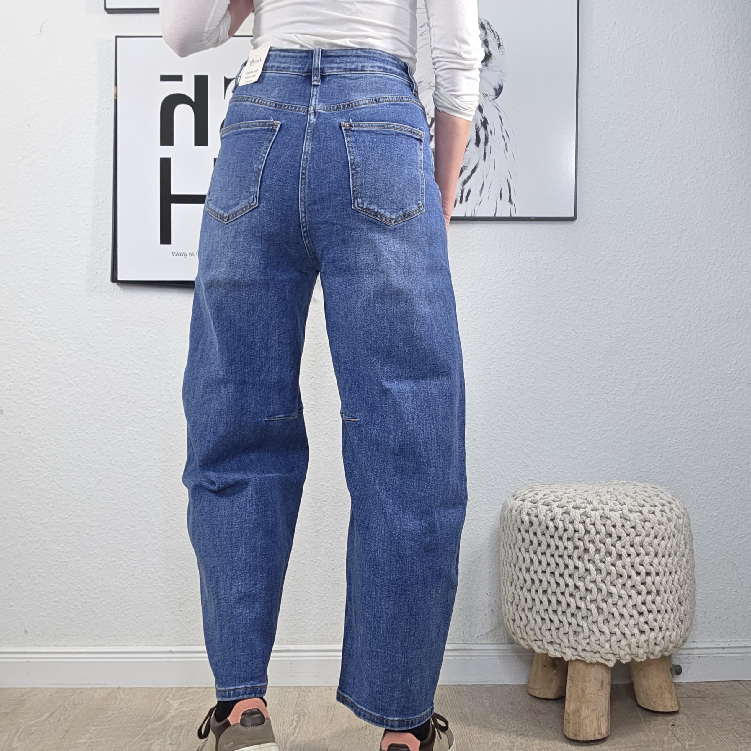 Jewelly Jean baril, jambes larges, longueur courte, coupe droite, baggy, denim extensible, taille haute, style jean maman
