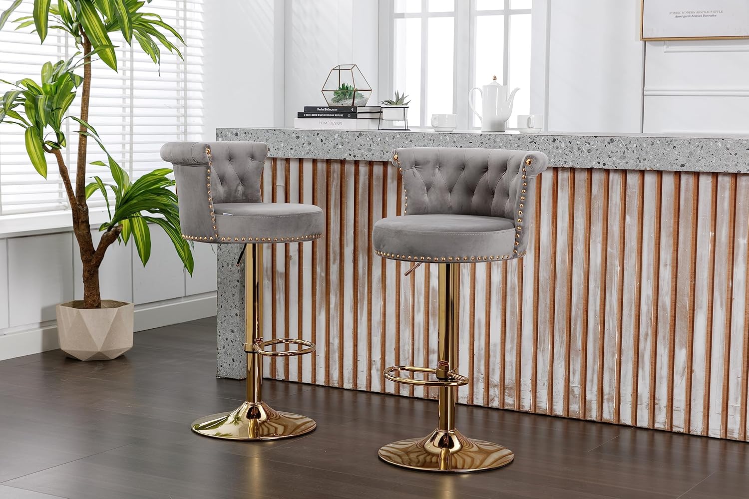 TTK Modern Swivel Grey Bar Stools Set of 4, Adjustable Counter Height Gold Barstools with Backs Upholstered Tufted Velvet Bar Chairs for Kitchen Island Counter Stools Taburetes para Barra De Cocina