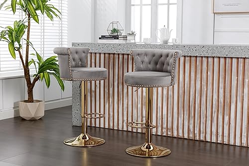 Miniatura 8 de Juego de 2 taburetes de bar giratorios vintage, taburetes de bar tapizados de terciopelo, sillas de bar ajustables con altura de mostrador,