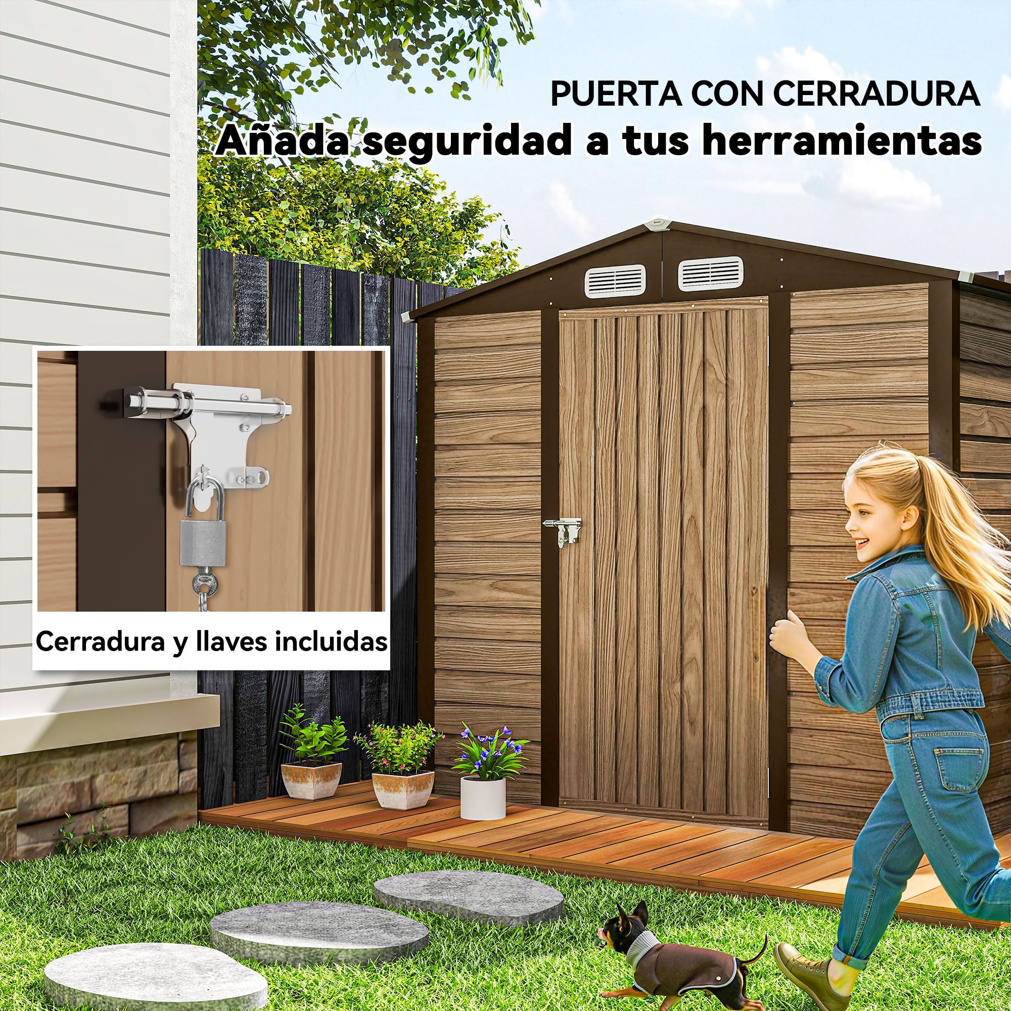 Outsunny Caseta de Jardín Exterior, 2,27 m² 190x131x188 cm, Cobertizo de Jardín Exterior Metálico con 2 Ventilaciones, Puerta con Cerradura, para Almacenamiento de Herramientas, Roble - 5