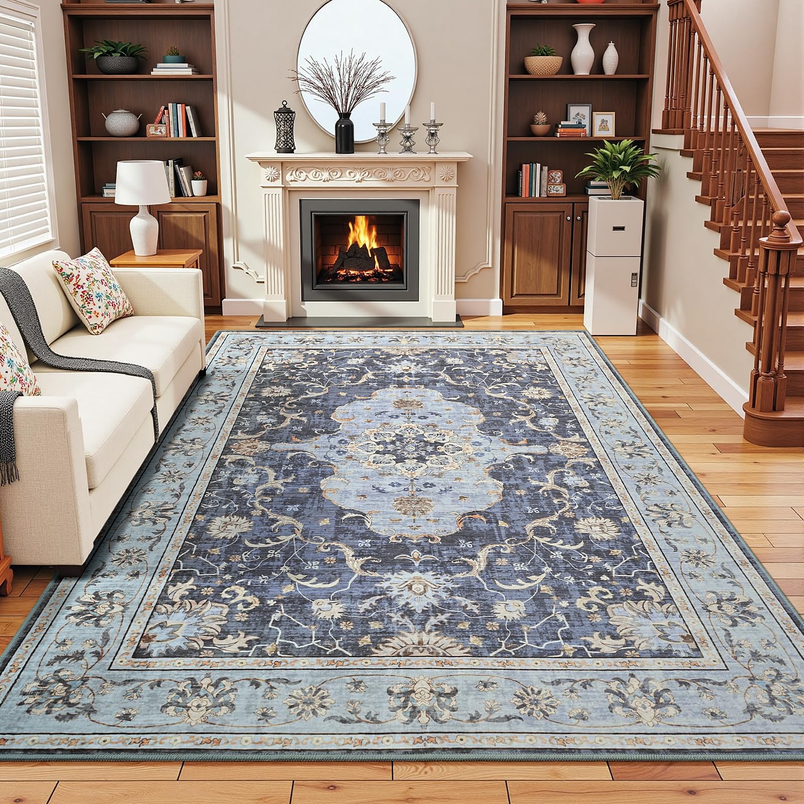 Vasofe 5x7 Rugs for Living Room, Machine Washable Rugs, Vintage Area Rug, Non-Slip Backing, Water Repellent, Low Pile Easy Care Throw Rugs for Bedroom