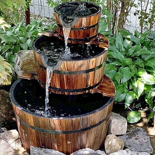 Miniatura 24 de Sunnydaze - Fuente de agua de barril de madera de 2 niveles, fuente de bomba de agua vintage de 34 pulgadas con bomba sumergible, para jardín