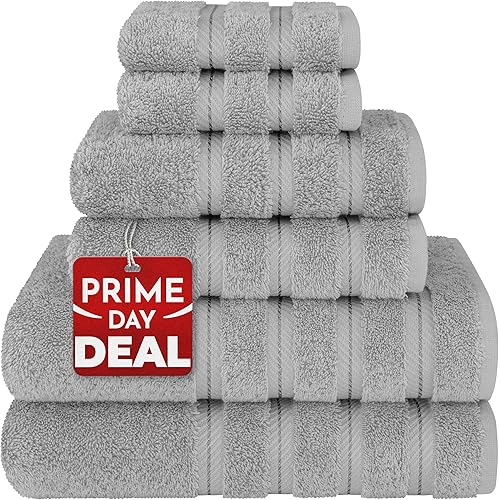 American Soft Linen Luxury 6 Piece Towel Set, 2 Bath Towels 2 Hand Towel 2 Washcloths, 600 GSM 100% Cotton Turkish Towels for Bathroom, Light Grey Towel Sets