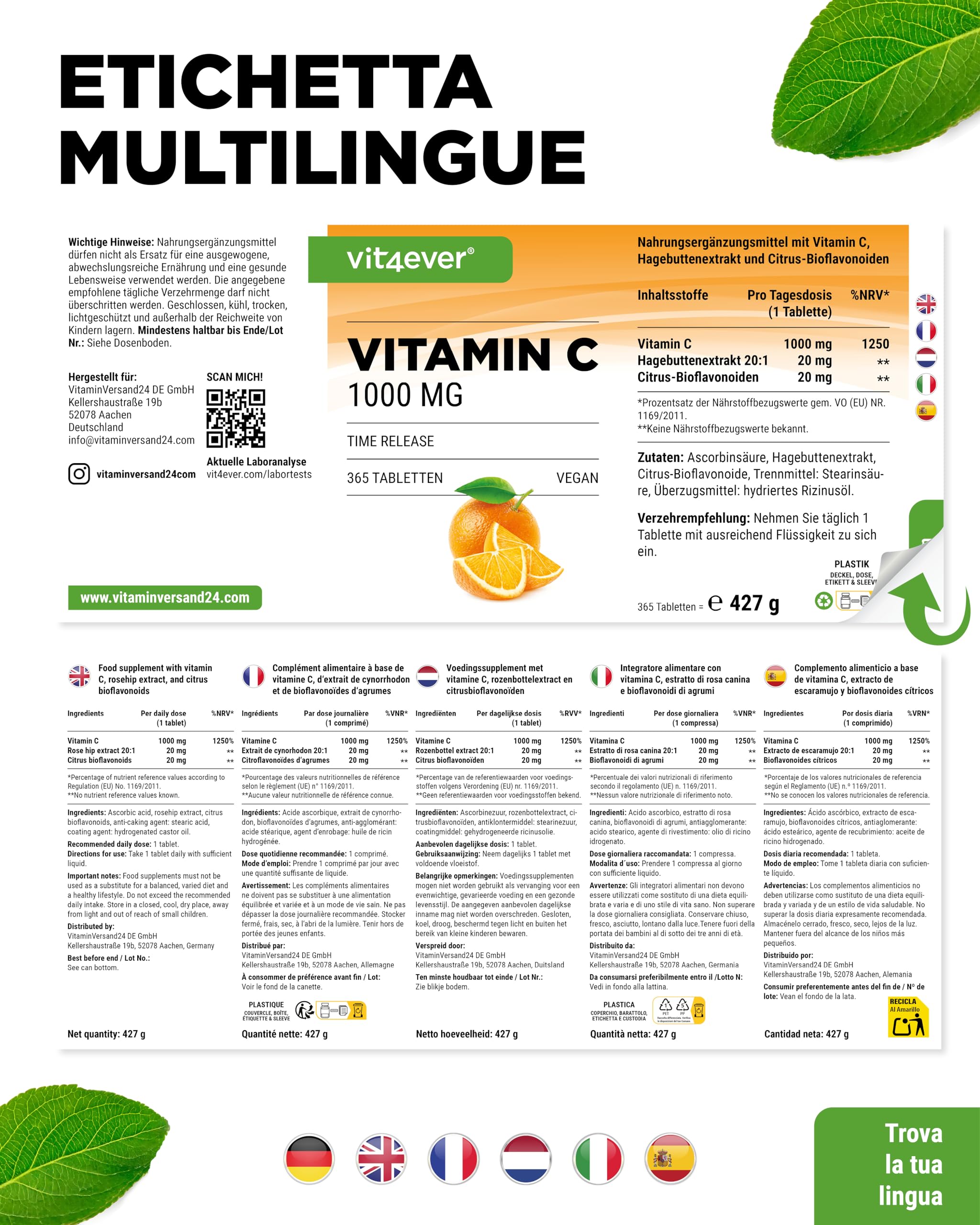 Vitamina C 1000mg - 365 compresse in un anno di fornitura - Effetto Rilasciato nel Tempo - Vitamina C + Estratto di Rosa Canina + Bioflavonoidi di Agrumi - Vegan