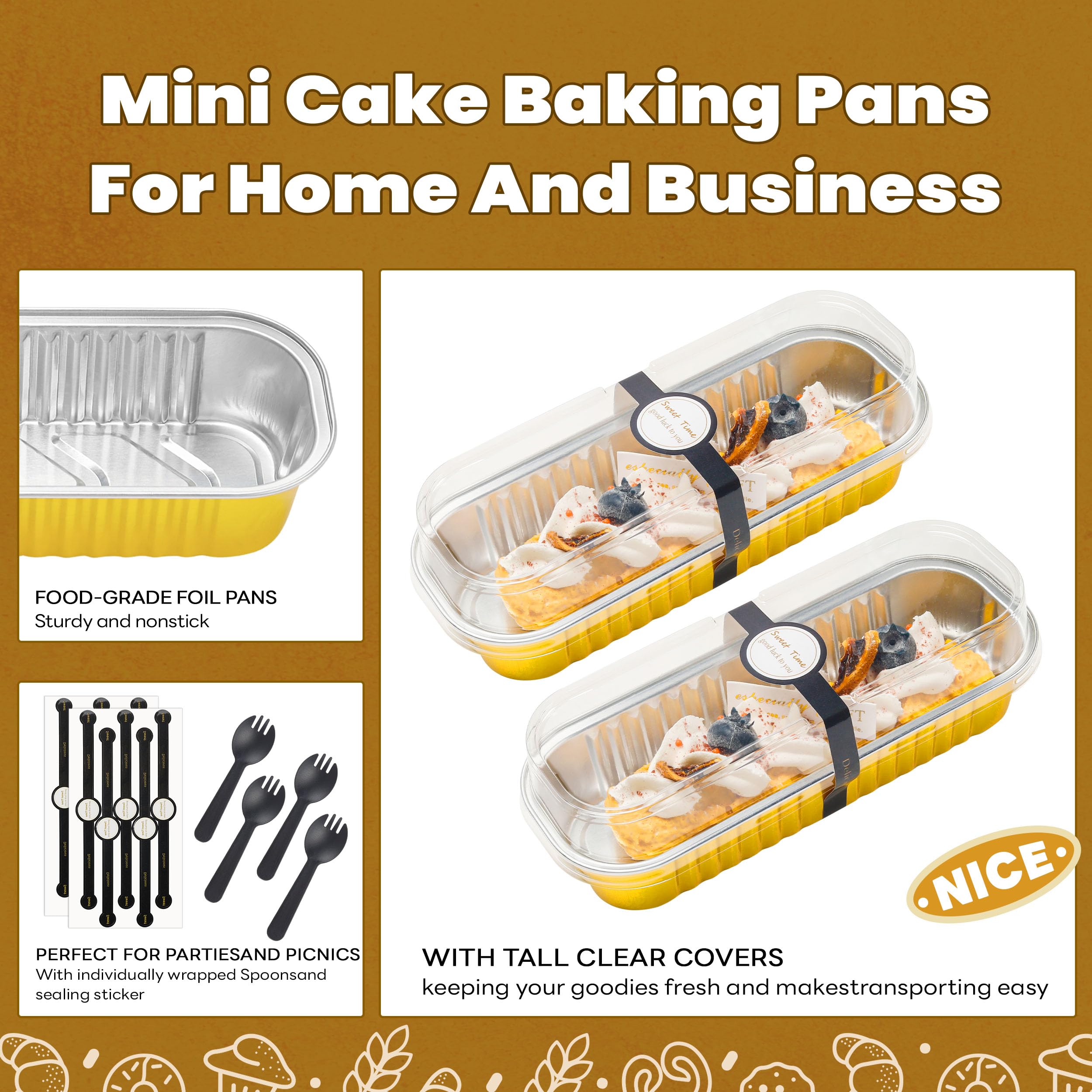 NPLUX Mini moldes para pan con tapas y cucharas rectangulares de aluminio para hornear, mini recipientes para tartas de queso, 6.7 onzas (paquete de 60, dorado)