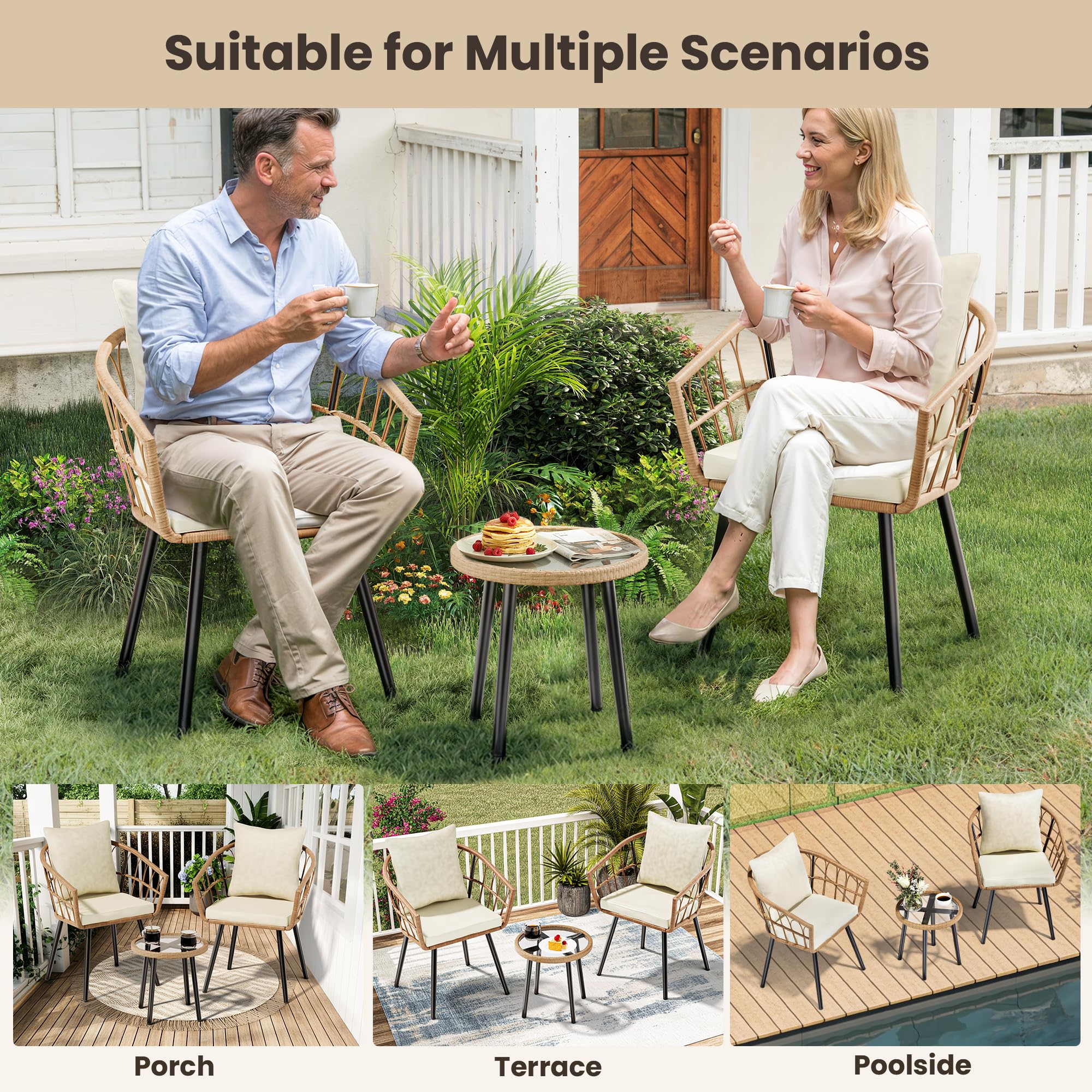 Pamapic Salon de Jardin 3 Pièces Ensemble Meubles de Jardin en Rotin avec Table Ronde et 2 Chaises