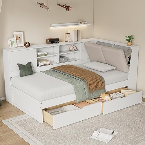 Full Size Daybed, Wooden Bed Frame with 2 Drawers, Storage Shelf, Headboard, and USB Charging Ports for Bedroom, Wood Slat Support, No Box Spring Needed, Easy Assembly (White)