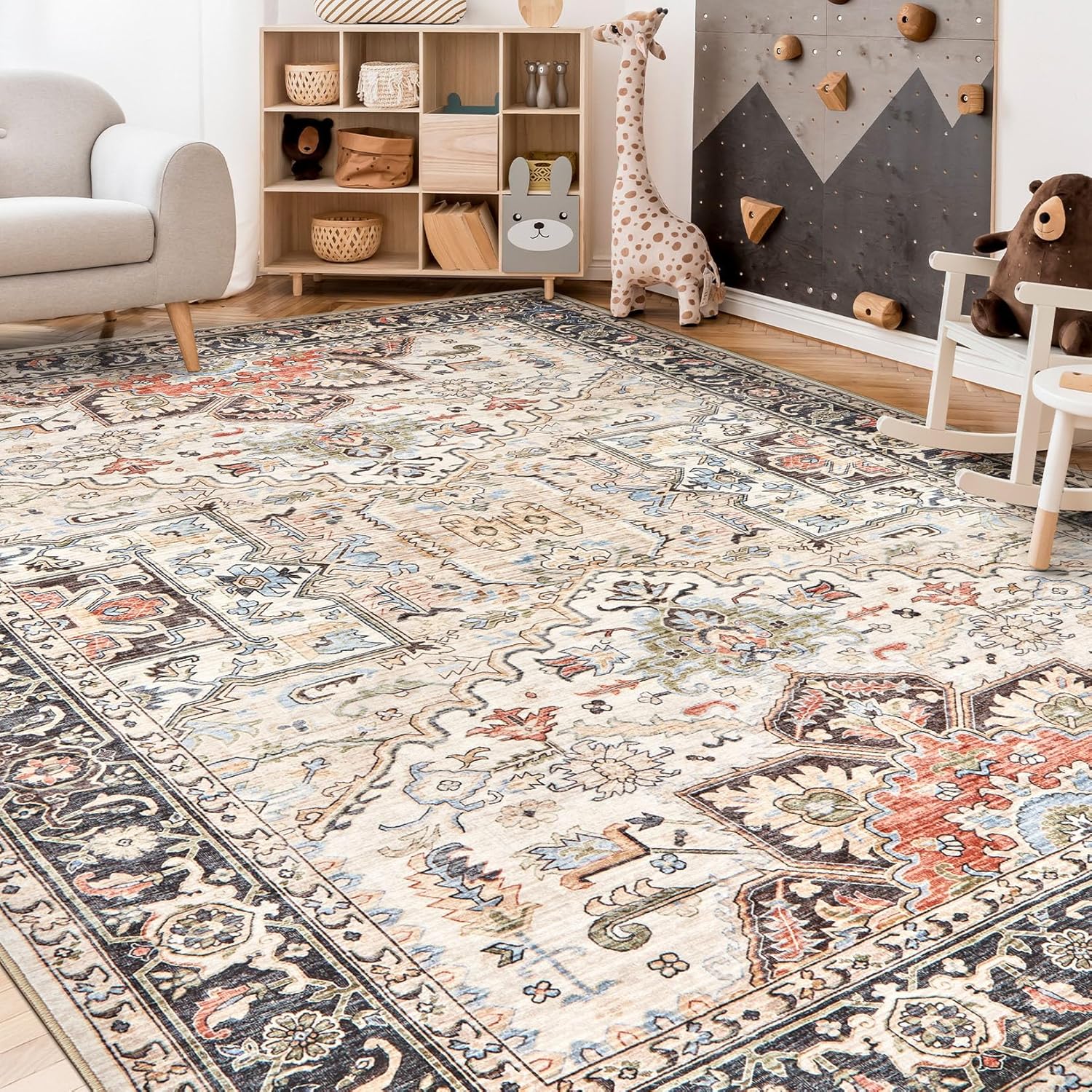 Area Rug for Living Room - 10x12 Soft Washable Oriental Vintage Floral Distressed Large Carpet - Fade Stain Resistant Non Slip Rugs for Bedroom Dining Room Nursery Dorm Office Home Decor - Multi