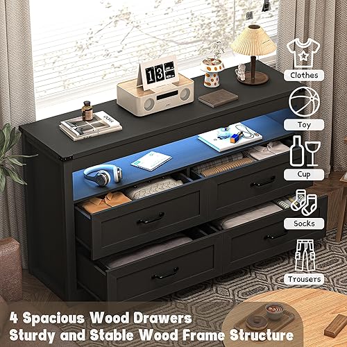 Miniatura 6 de Cómoda negra para dormitorio con luces LED, cómoda negra moderna, cómoda de madera para dormitorio, cómoda de madera, cajones de almacenamiento