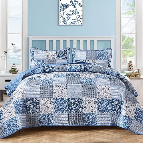 Mybedsoul Juego de edredón bohemio azul tamaño King, juego de colcha floral a cuadros de 3 piezas para todas las estaciones, juego de ropa de cama