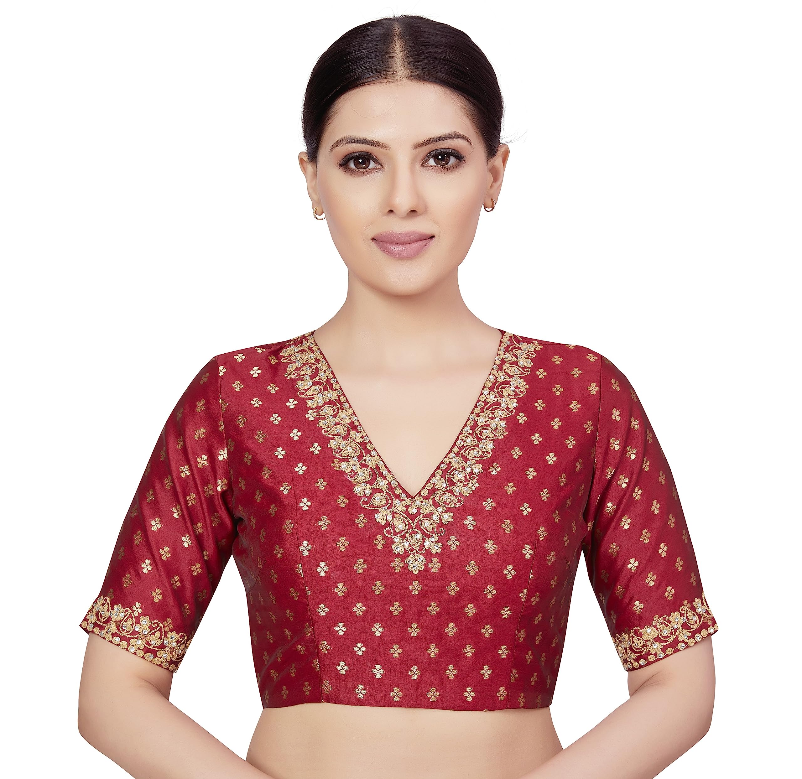 Studio ShringaarWomen's Brocade Embroidered V-Neck Readymade Saree Half Sleeve Blouse