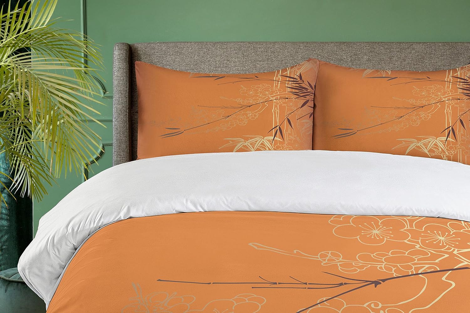 Ambesonne Asian Themed Duvet Cover Set, Ethnic Branches and Flowers Illustration Eastern Nature Theme, Decorative 3 Piece Bedding Set with 2 Pillow Shams, King Size, Orange Yellow and Brown King Orange Yellow