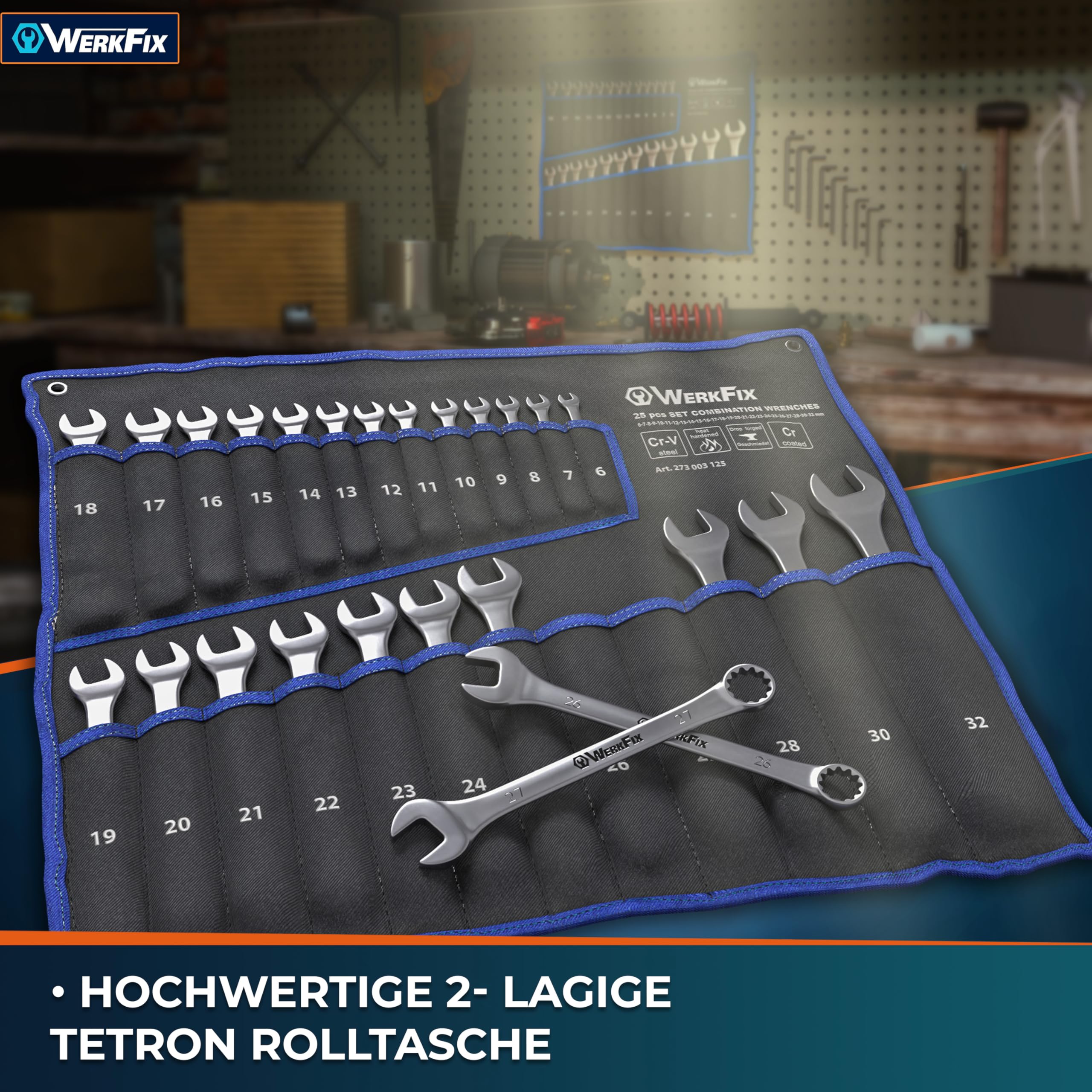 WerkFix Ring-Maulschlüsselsatz 25-tlg. 6–32 mm | CrV-Stahl Schraubenschlüssel Set KFZ Werkstatt | Gabelschlüssel mattiert & laser-markiert | Profi Schraubenschlüssel Set mit Rolltasche