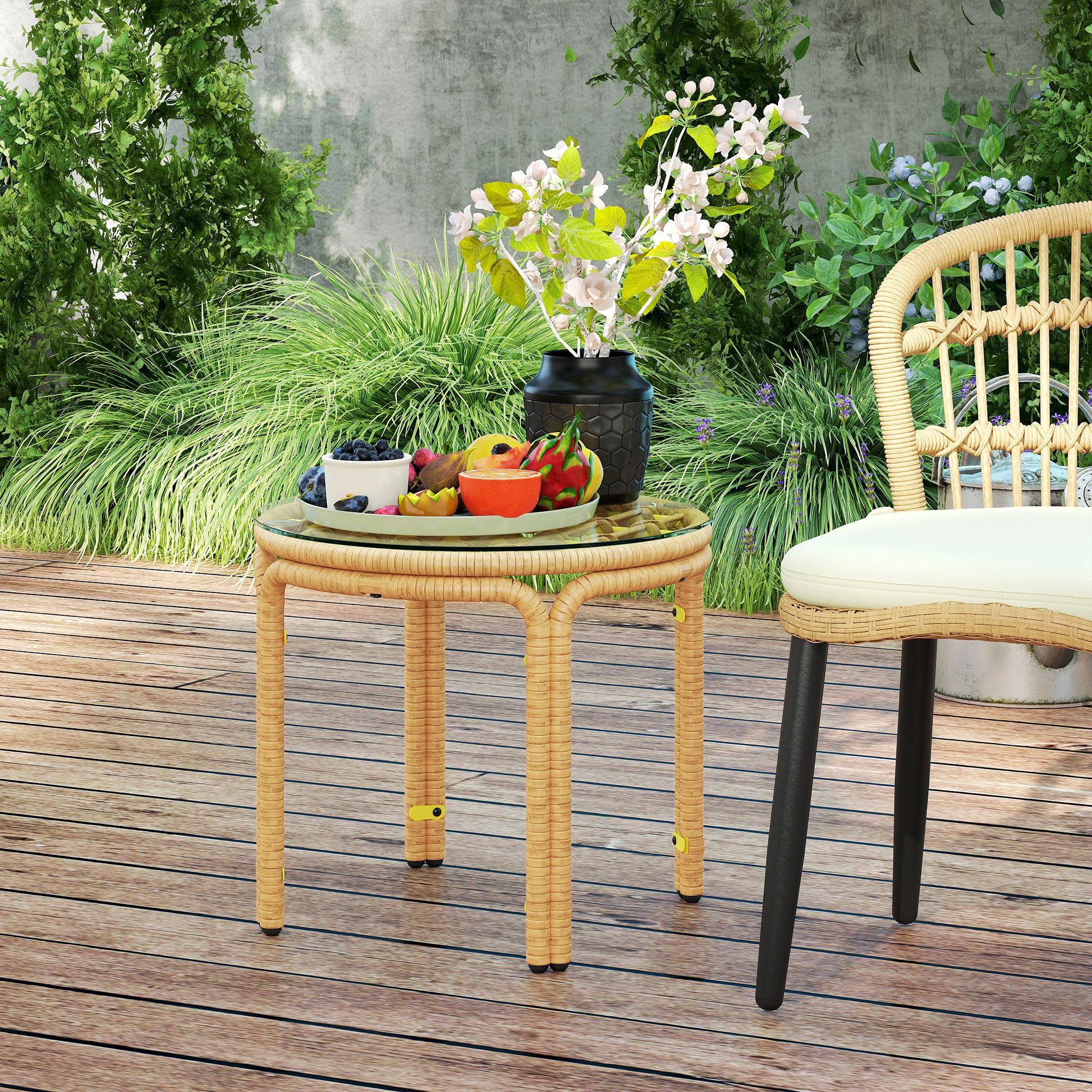 Outsunny Tavolino da Giardino in Rattan e Vetro, Tavolo da Caffè Rotondo Ø50x44 cm, Giallo