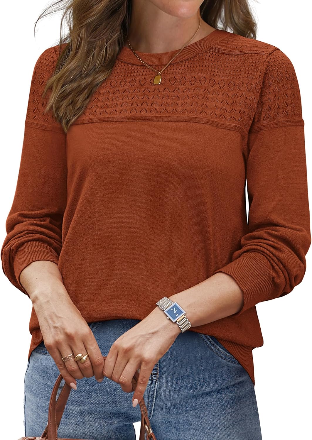 WIHOLL Sweaters for Women Crewneck Crochet Tops Long Sleeve 2025 Fall Winter Outfits Fashion Clothing - Image 2