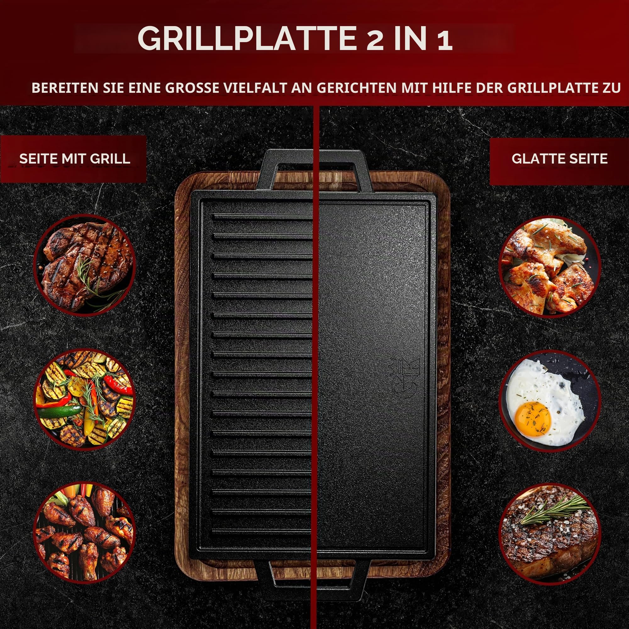 GUSSKÖNIG Gusseisen Grillplatte - 33cm Wendeplatte für Gasgrill, Induktion, Herd & Backofen - Grillplatte Induktion Gusseisen, GussGrillplatte, Cast Iron Grill Plate - inkl. Rezeptbuch & Pflegepaste