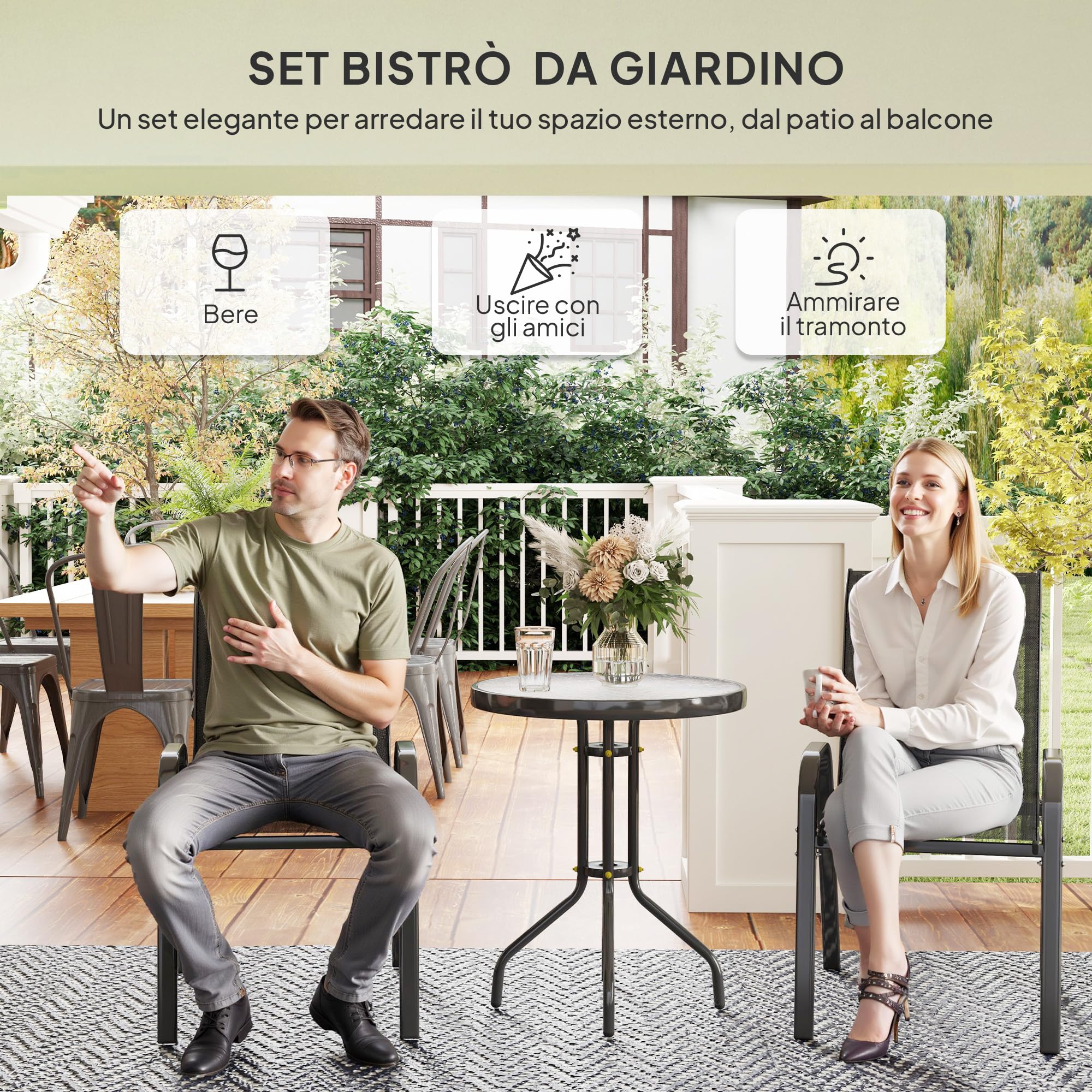 Outsunny Set da Bistro 3 Pezzi con Sedie Impilabili e Tavolino Rotondo in Acciaio e Vetro, Nero