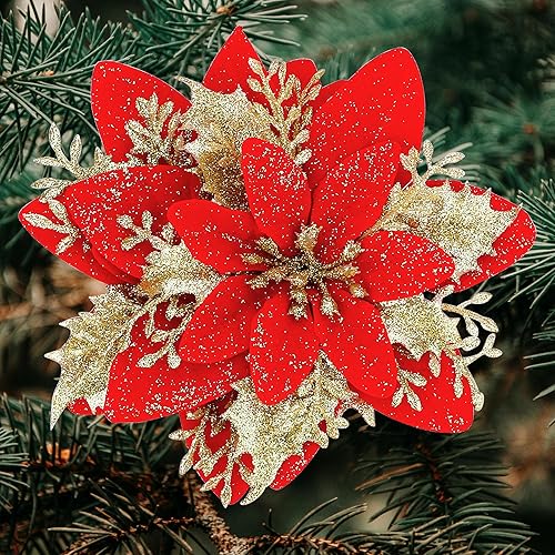 SITUMEIZI 24 flores de Pascua artificiales de Navidad de color rojo y dorado de 5.5 pulgadas, flores de Pascua con purpurina para decoración de