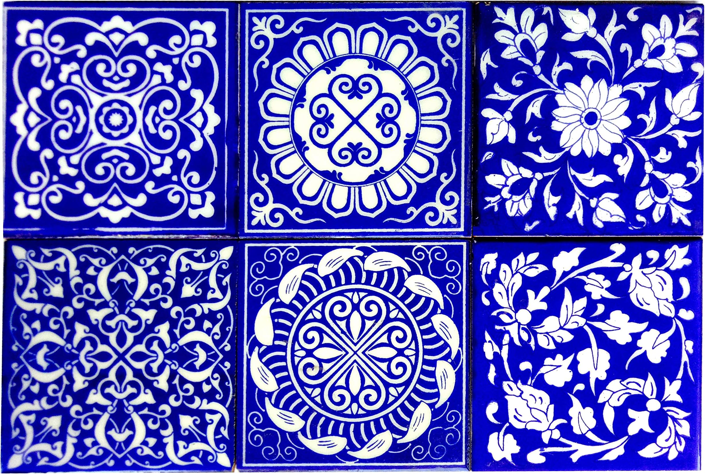 Shiv Kripa Blue Pottery Home Decor Tile Ceramic High Lighter Wall Tiles 4 x 4 Inch Set of 6 Tiles (Blue & White)