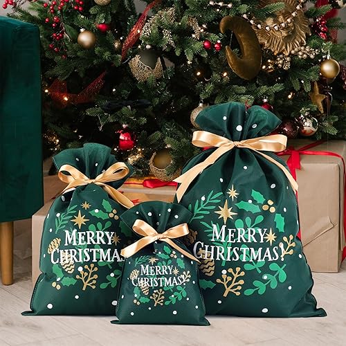 Miniatura 4 de OYATON Bolsas de regalo de Navidad con cordón, bolsas de tela reutilizables para regalo de Navidad, juego de 6, bolsas de regalo de tela con cordón