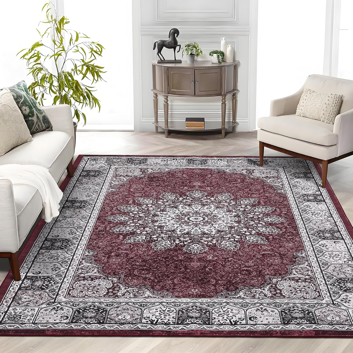 vintage neutral washable area rug - stain-resistant non-slip large carpet for living room, dining room & home decor