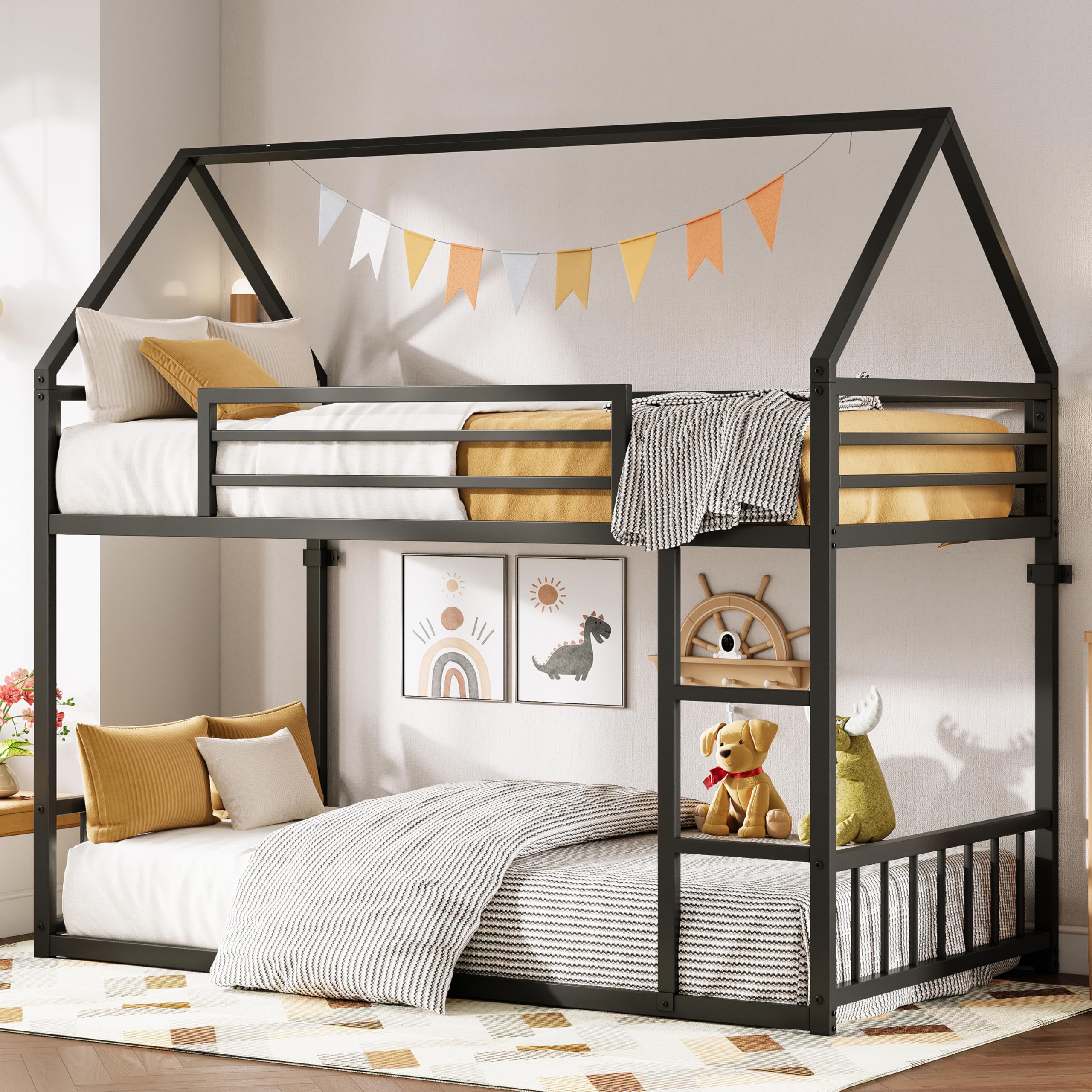 LIKIMIO Bunk Bed Twin XL Over Twin XL, Metal Bunk Bed Frame with Ladder and Guardrail, House Shaped with Metal Slats for Dormitory and Bedroom, Space